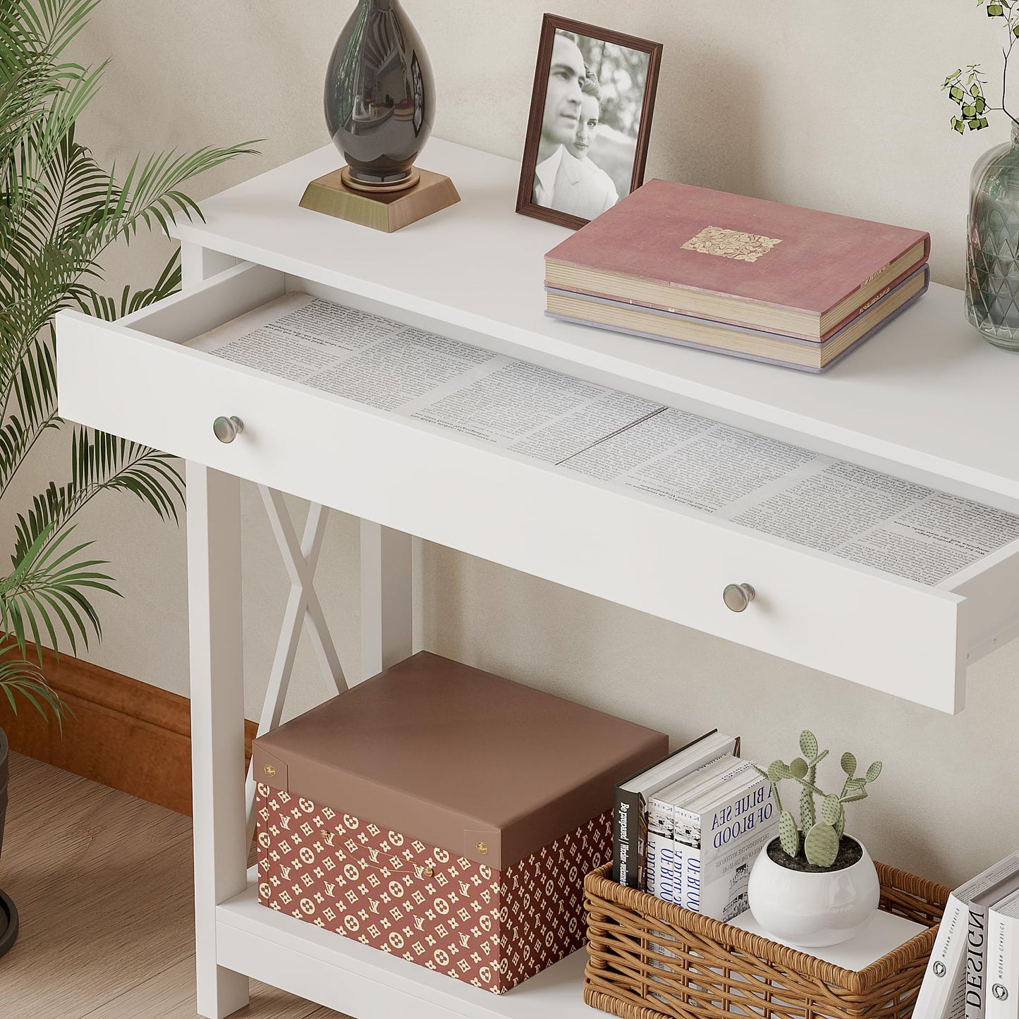 Treocho White Console Table with Drawer and Storage Shelves, Foyer Sofa Table Narrow for Entryway, Living Room, Hallway