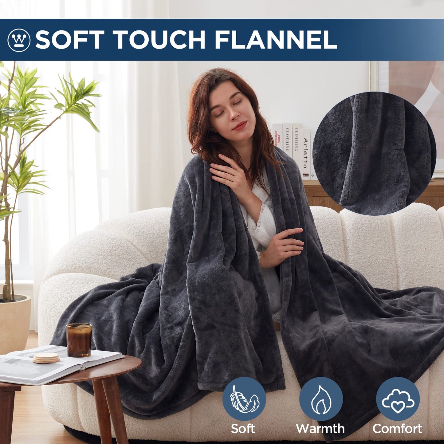 Westinghouse Electric Blanket Twin Size, Super Cozy Soft Flannel 62" x 84" Heated Blanket with 10 Fast Heating Levels & 1-12 Auto-Off, Machine Washable, ETL&FCC Certification, Charcoal