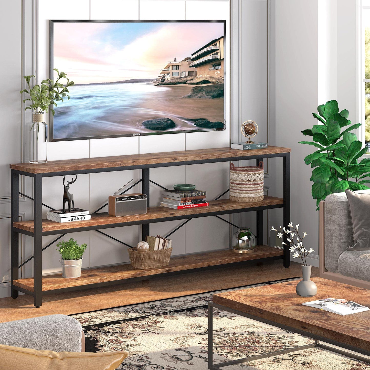 Tribesigns 71" Sofa Tables Extra Long Couch Table, Narrow Long Console Table, Entryway Table,Sofa Table with 3 Tiers Storage Shelves (Rustic Brown)