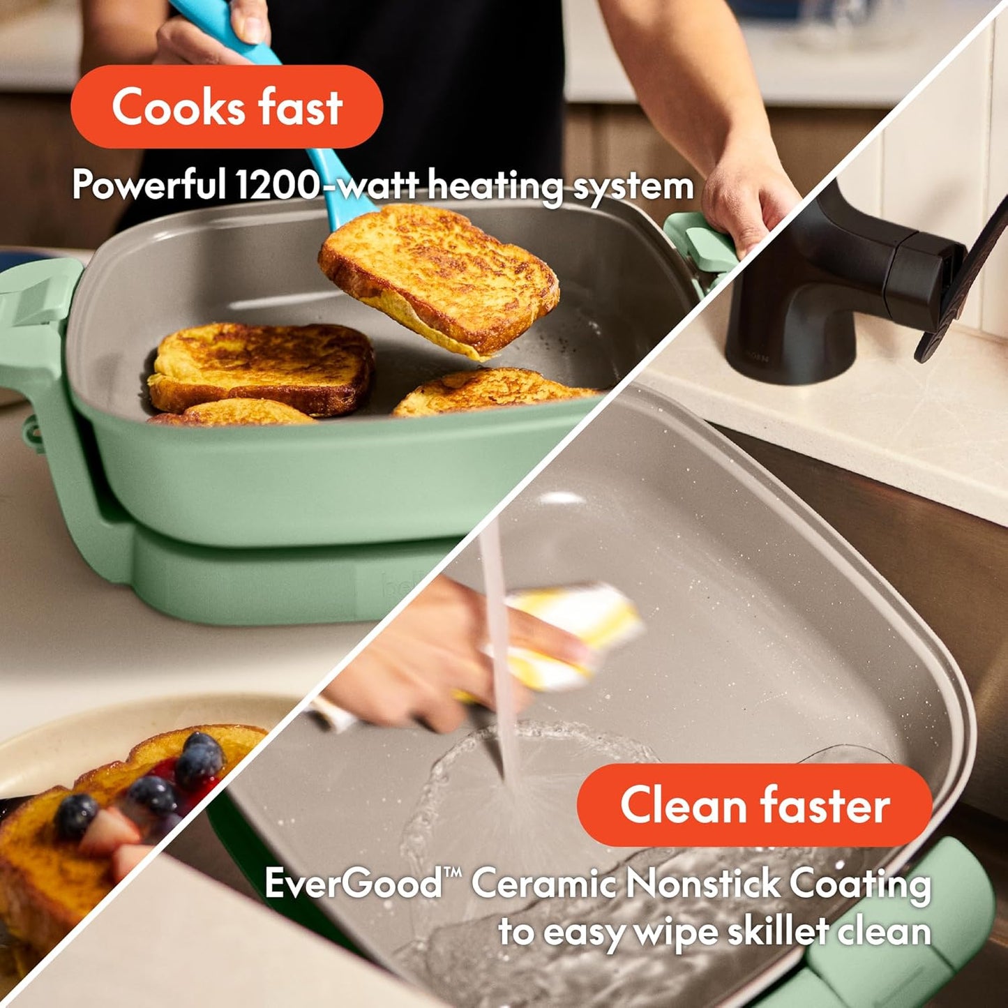 bella Make & Take Electric Skillet, Fits-anywhere™ kitchenware, EverGood™ Ceramic Coating, Adjustable Temperature & Dishwasher-Safe Tempered Glass Lid, Cast Aluminum Base, 1200 Watt, Seaglass
