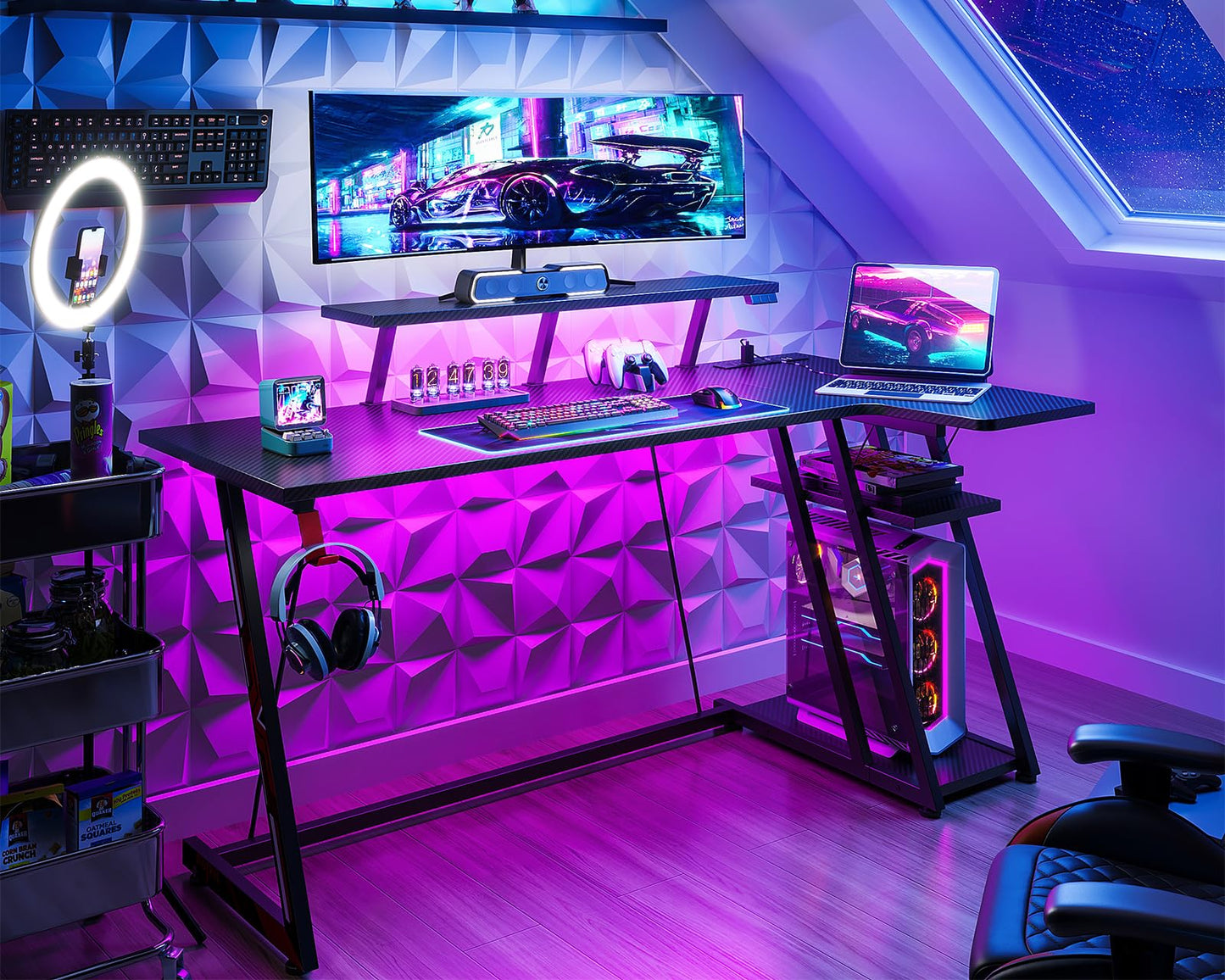 MOTPK Gaming Desk with LED Lights & Power Outlets, 55 Inch L Shaped Gaming Computer Desk with Storage Shelf & Monitor Stand, PC Table with Carbon Fiber Texture, Black