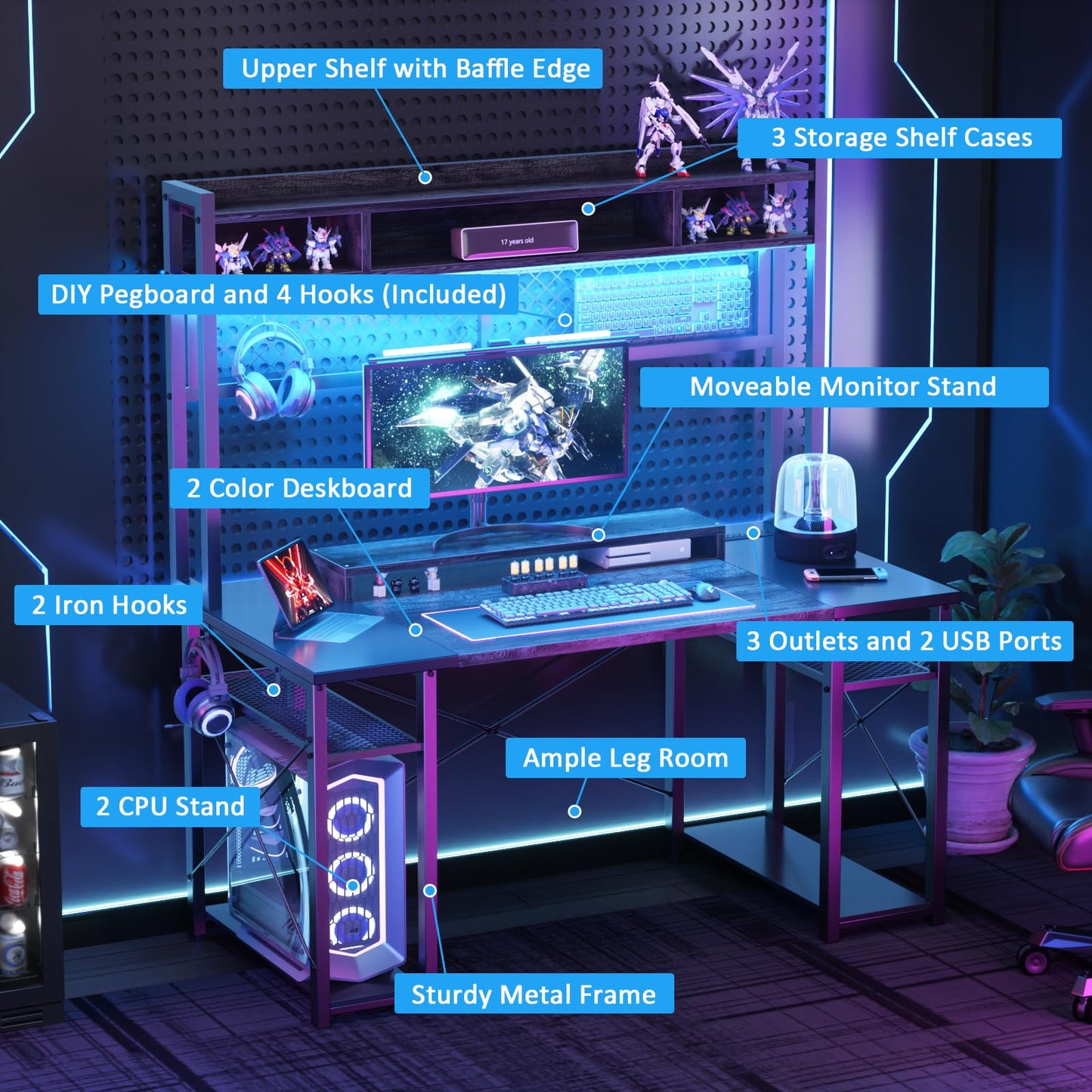 armocity 2024 Upgrade Gaming Desk with Hutch, 48'' Magic Computer Desk with LED and Outlets, Reversible Workstation Desk with Pegboard, Oak and Black