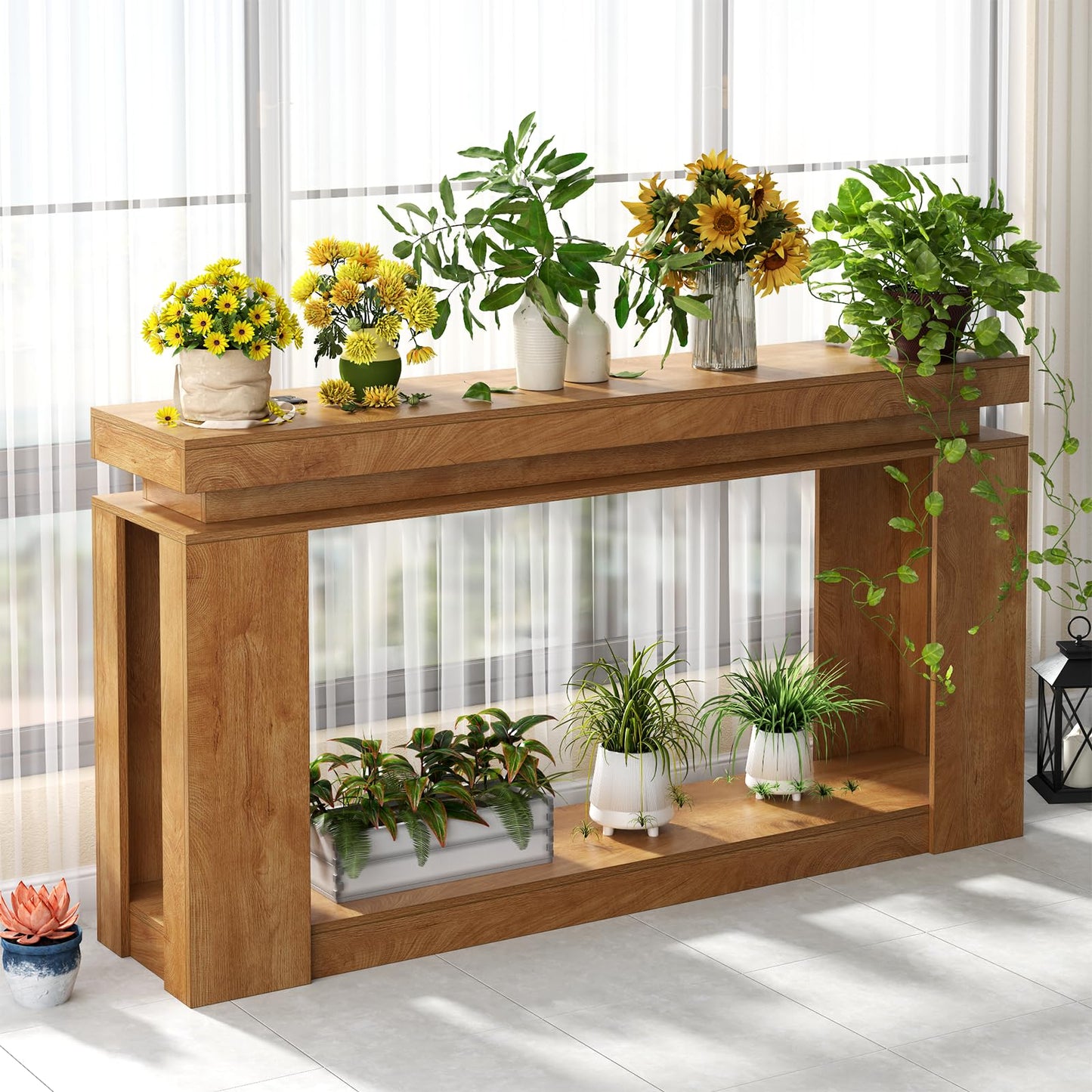 Loomie 63" Long Console Table with LED Lights & Power Outlet, 2-Tier Farmhouse Sofa Table Behind Couch with Storage, Narrow Entryway Tables with Heavy Duty Base for Living Room, Hallway (Natural)