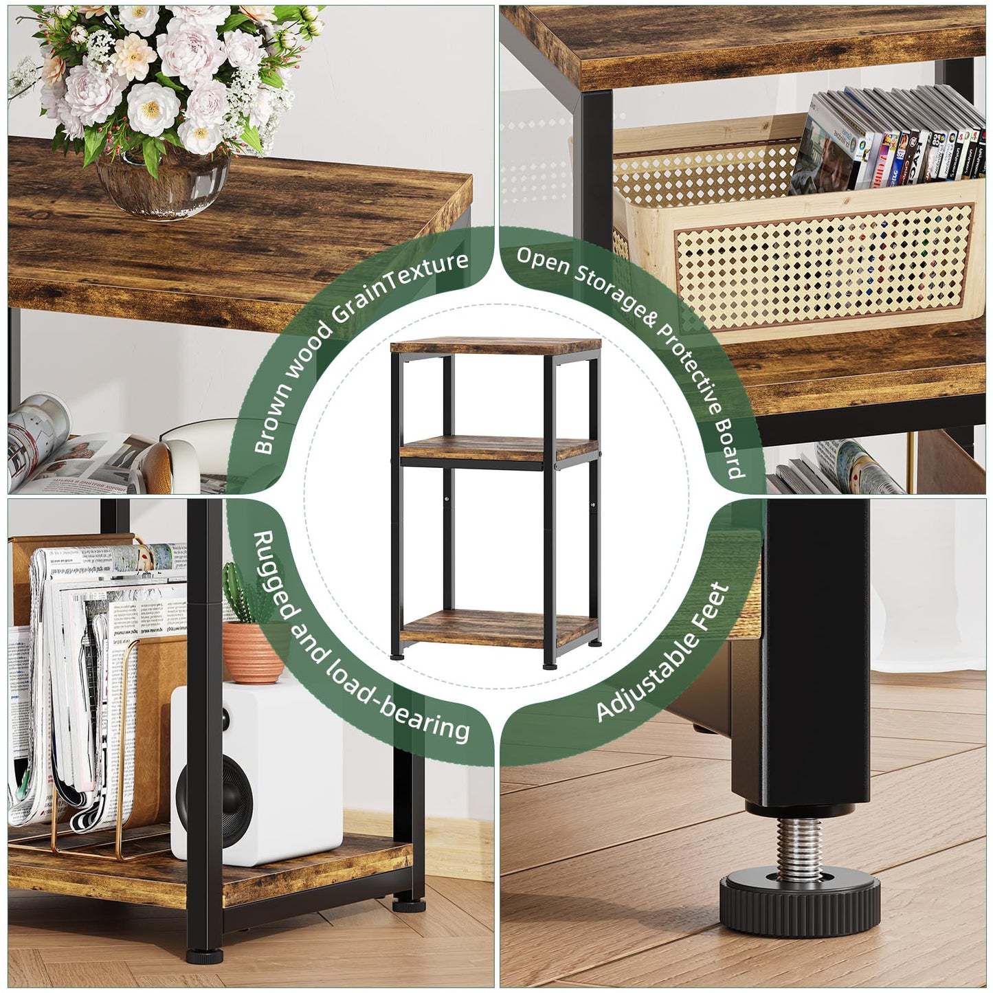 Simple Trending 3 Tier End Table, Side Table Sofa Couch Table, Tall Night Stand Storage Shelf for Living Room, Rustic Brown