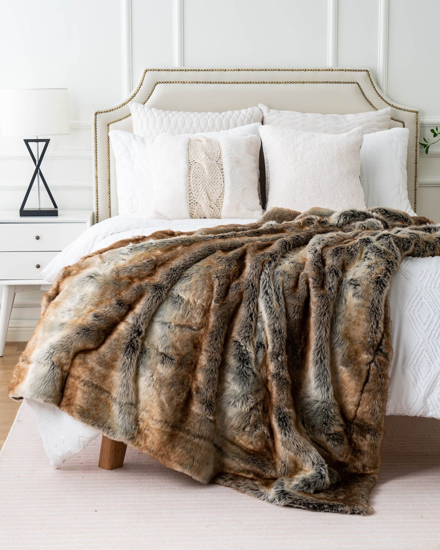 BATTILO HOME Luxury Brown Faux Fur Blanket Thick Warm Elegant Cozy Fuzzy Throw for Couch, Bed, Sofa Fluffy Blankets Decorative Reversible to Plush Velvet, 50"x60"