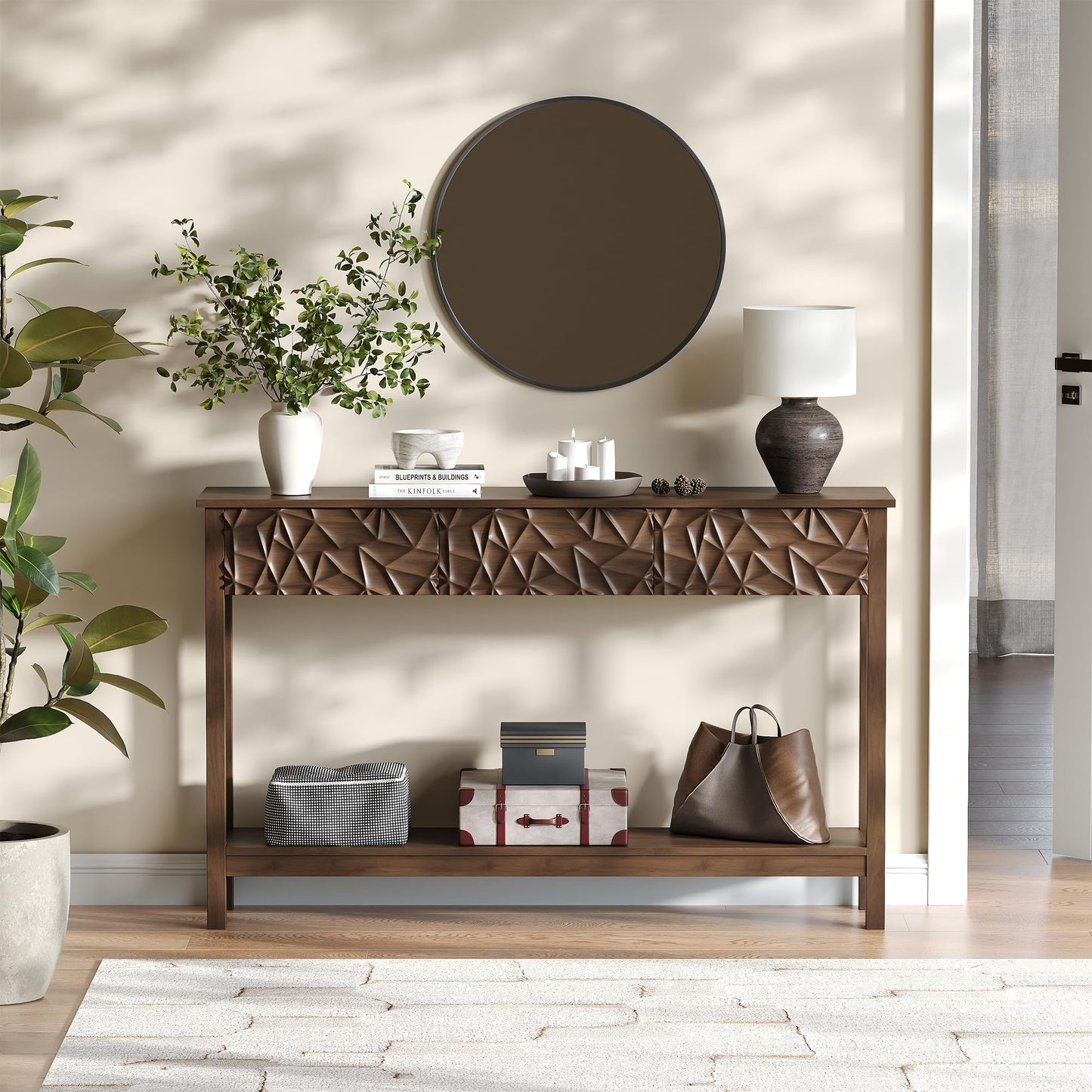 EVEVMINM 51 Inch Modern Console Table Farmhouse Entryway Table with 3 Drawers Narrow Wood Entry Way Table with Open Storage Shelf Long Sofa Table Behind Couch for Hallway, Foyer, Living Room, Walnut