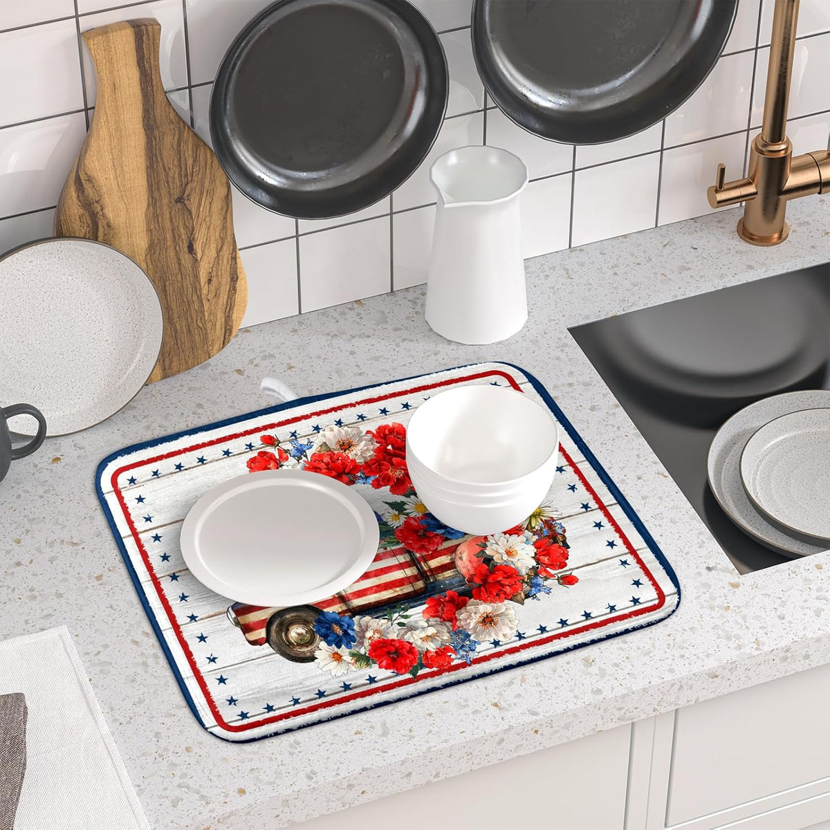American Flag Dish Drainer Mat Flowers Absorbent Dish Rack Pad for Kitchen Coffee Bar Sinks