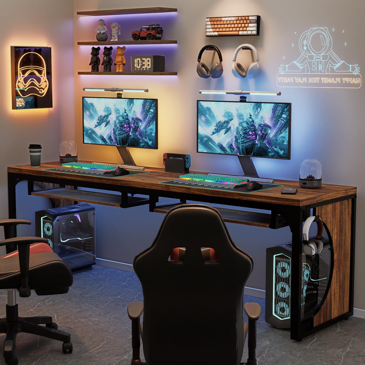 FUXJUM 78.7 Inch Extra Long Home Office Desk Game Computer Desks for 2 Persons Double Keyboard Trays Workstation with Hooks Writing Study Table Rustic Brown MDF and Metal Frame