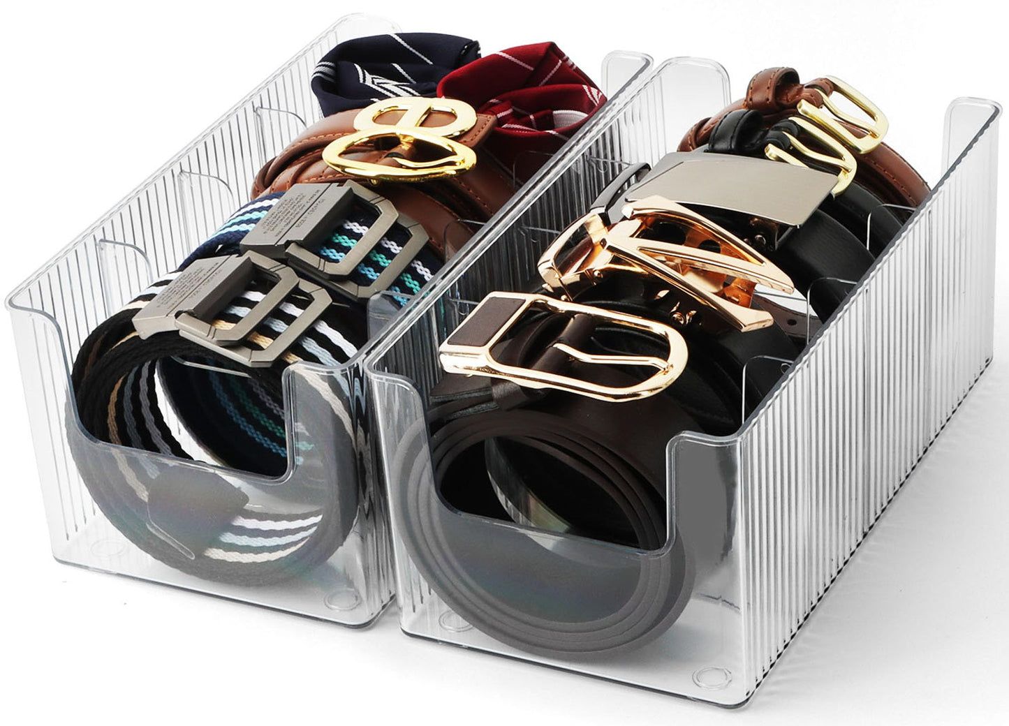 AUOIKK Acrylic Belt Organizer - 2 Pack with Adjustable 4 Compartments & Stackable Design, Clear Storage for Closet and Drawer Organization