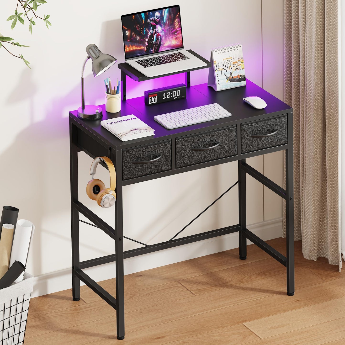 HIGDBFE Small Computer Desk 30 Inch with 3 Fabric Drawers, Office Desk with LED and Monitor Stand, Gaming Desk with Hooks for Small Space, Study Writing Table for Kids Bedroom, Black
