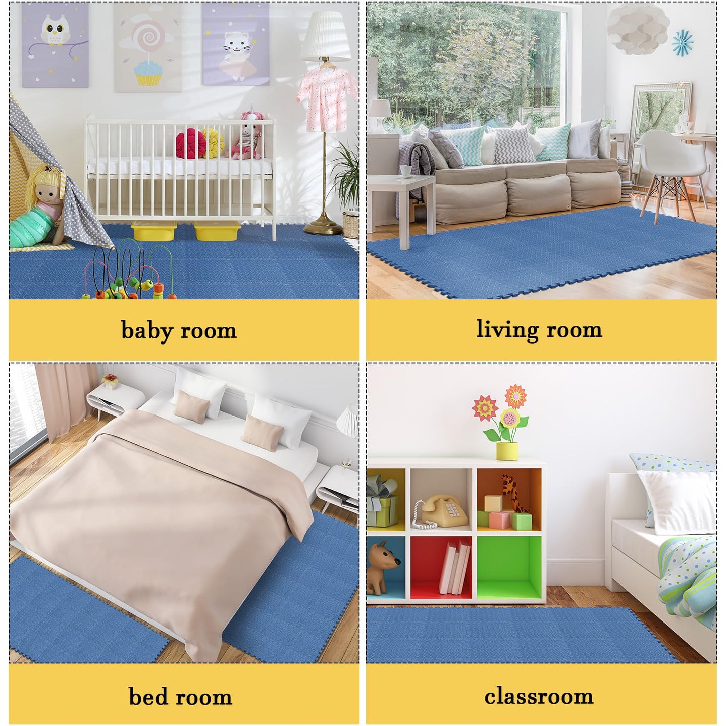 Shihanee Foam Floor Baby Tiles Foam Floor Mats Play Mats Bulk with Borders Interlocking for Kids Baby Playroom Nursery Gym (Navy Blue,16ft)