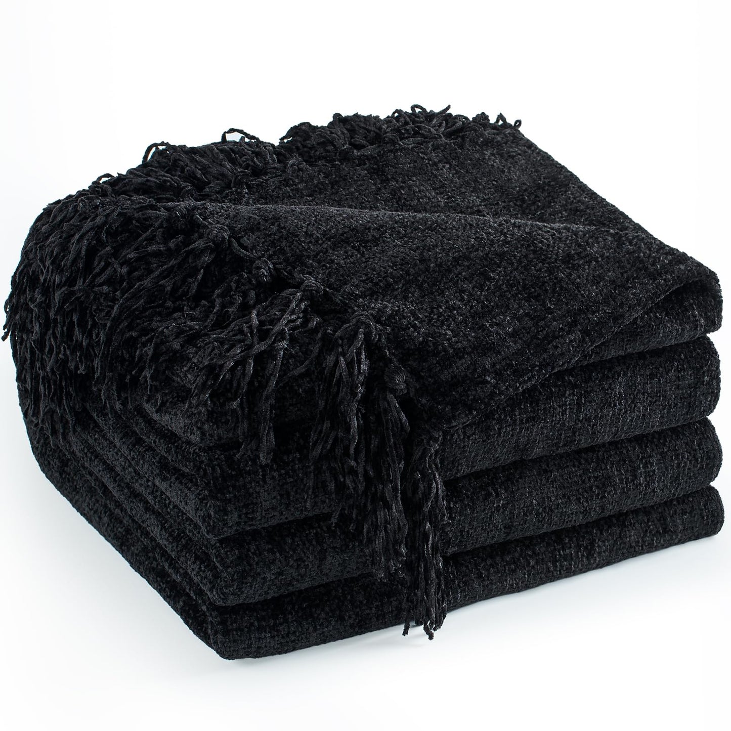 LONG CREATE Chenille Throw Blanket for Couch 50"X 60", Soft Cozy Throws with Fringe Tassel for Bed Sofa Chair Cover, Lightweight Knitted Decorative Boho Blankets for Living Room, Black
