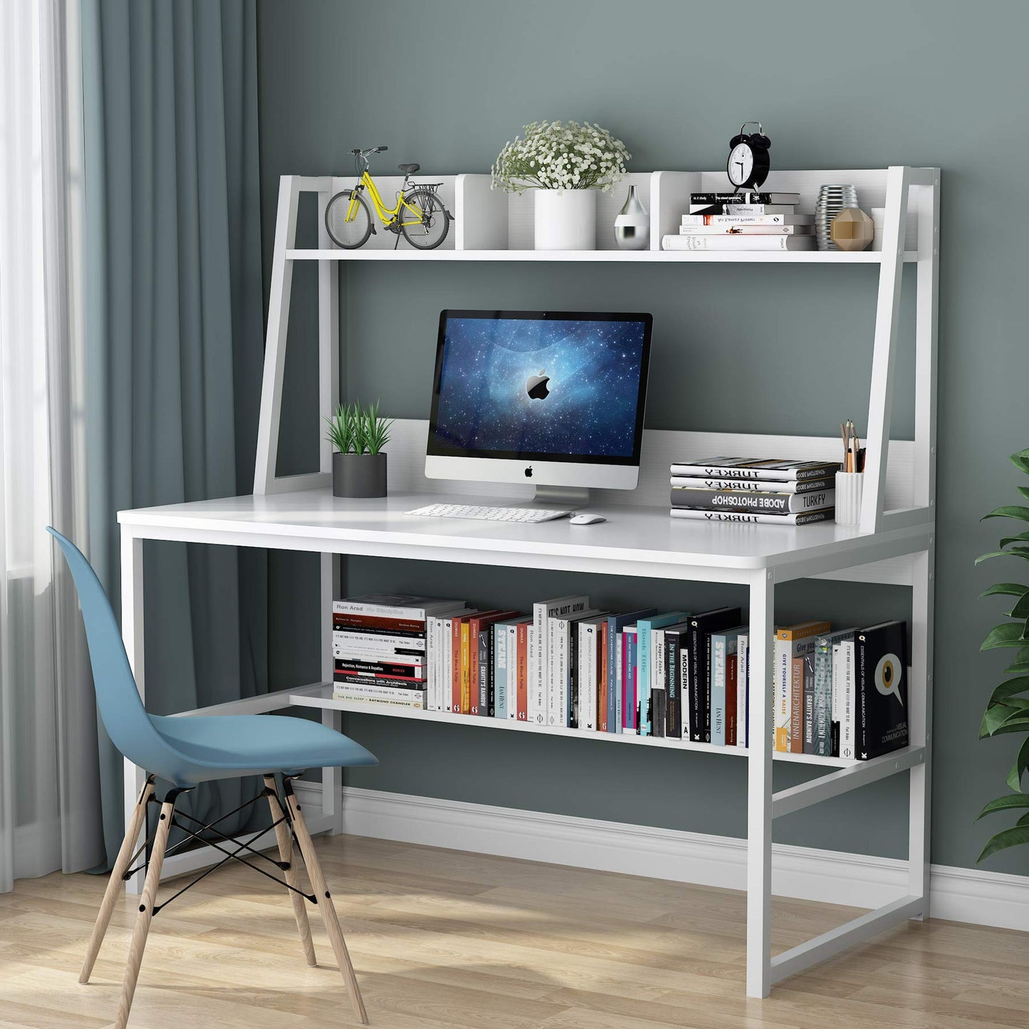 Tribesigns Computer Desk, 47 inch Office Desk with Hutch and Bookshelf, Modern Study Writing Table for Home Office (All White)