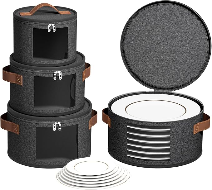 4 Piece China Storage Containers, Dish Storage Containers with Clear Windows, Hard Shell Plate Organizer with Handles, Stackable Moving Boxes for Dishes, Glassware, Dinnerware, Plates, Dark Gray