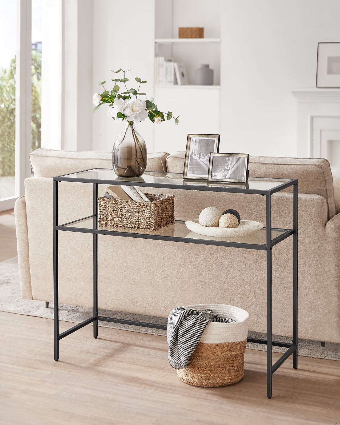 VASAGLE 39.4 Inch Console Sofa Table, Modern Entryway Table, Tempered Glass Table, Metal Frame, 2 Shelves, Adjustable Feet, for Living Room, Hallway, Black ULGT025B01