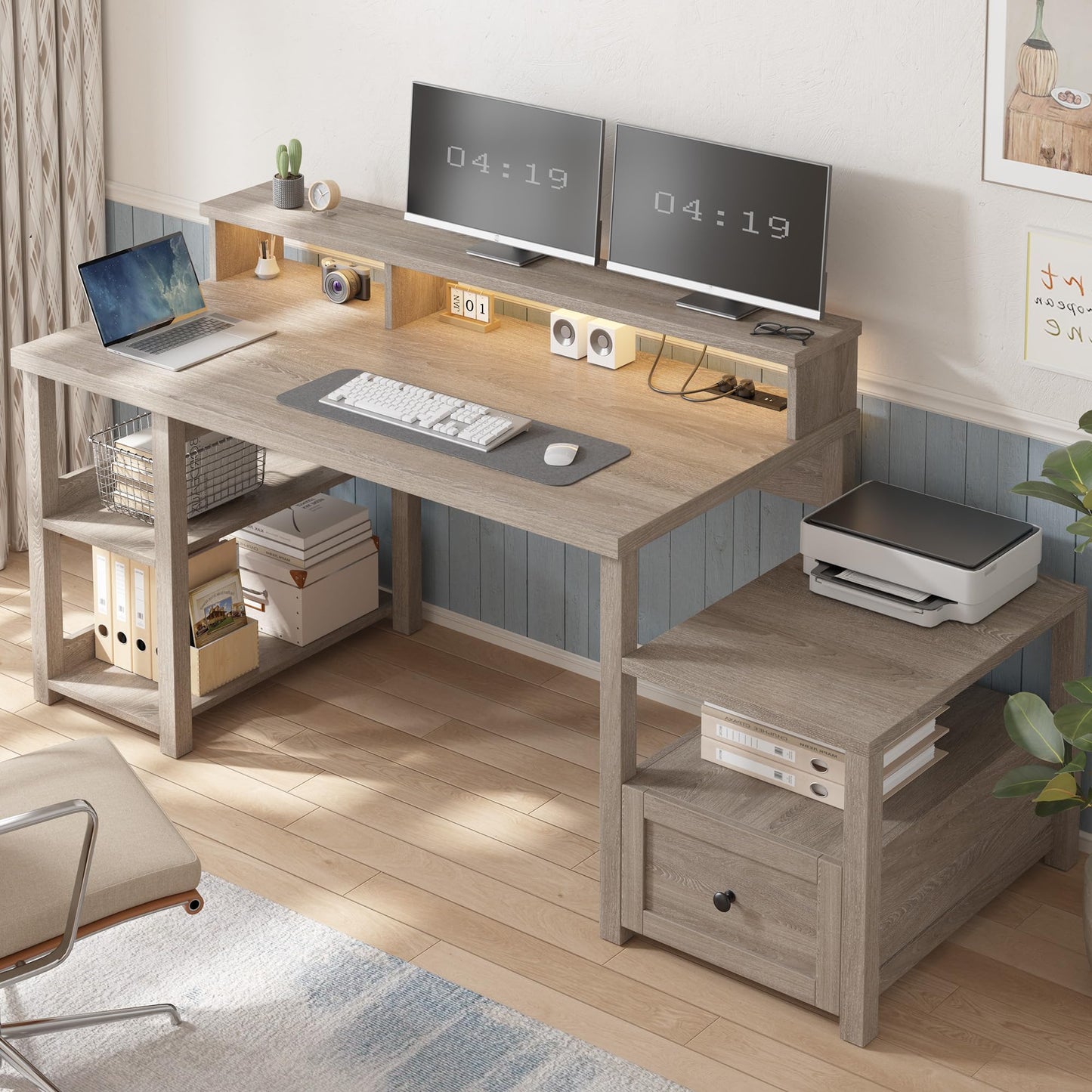EnHomee 63" Farmhouse Style Computer Desk with Drawers and LED Lights, Storage Shelves and Power Outlets, Home Office Desks with Long Monitor Stand for Work, Study, Writing, Ash Gray