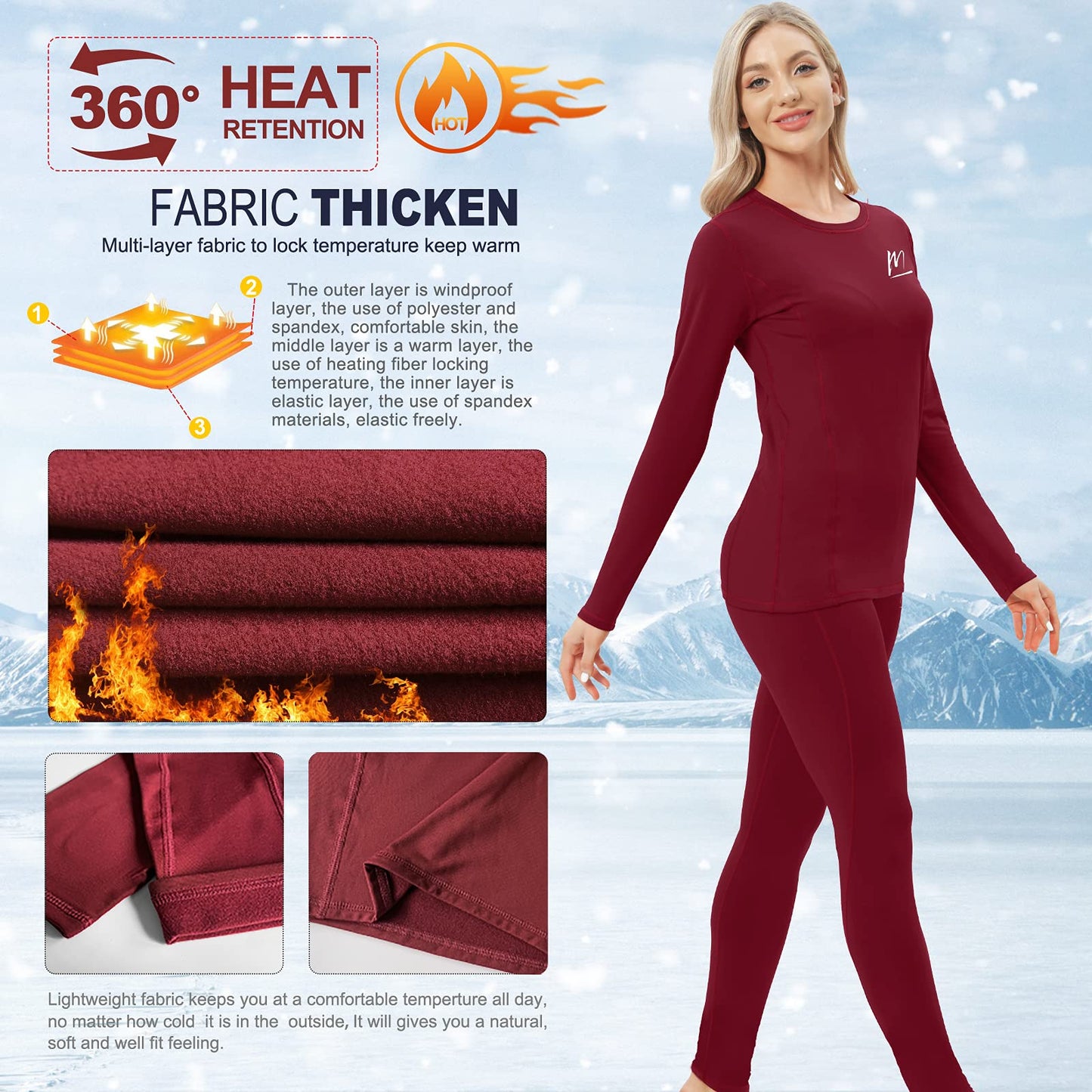 MeetHoo Thermal Underwear for Women, Winter Warm Base Layer Compression Set, Fleece Lined Long Johns Running Skiing Red
