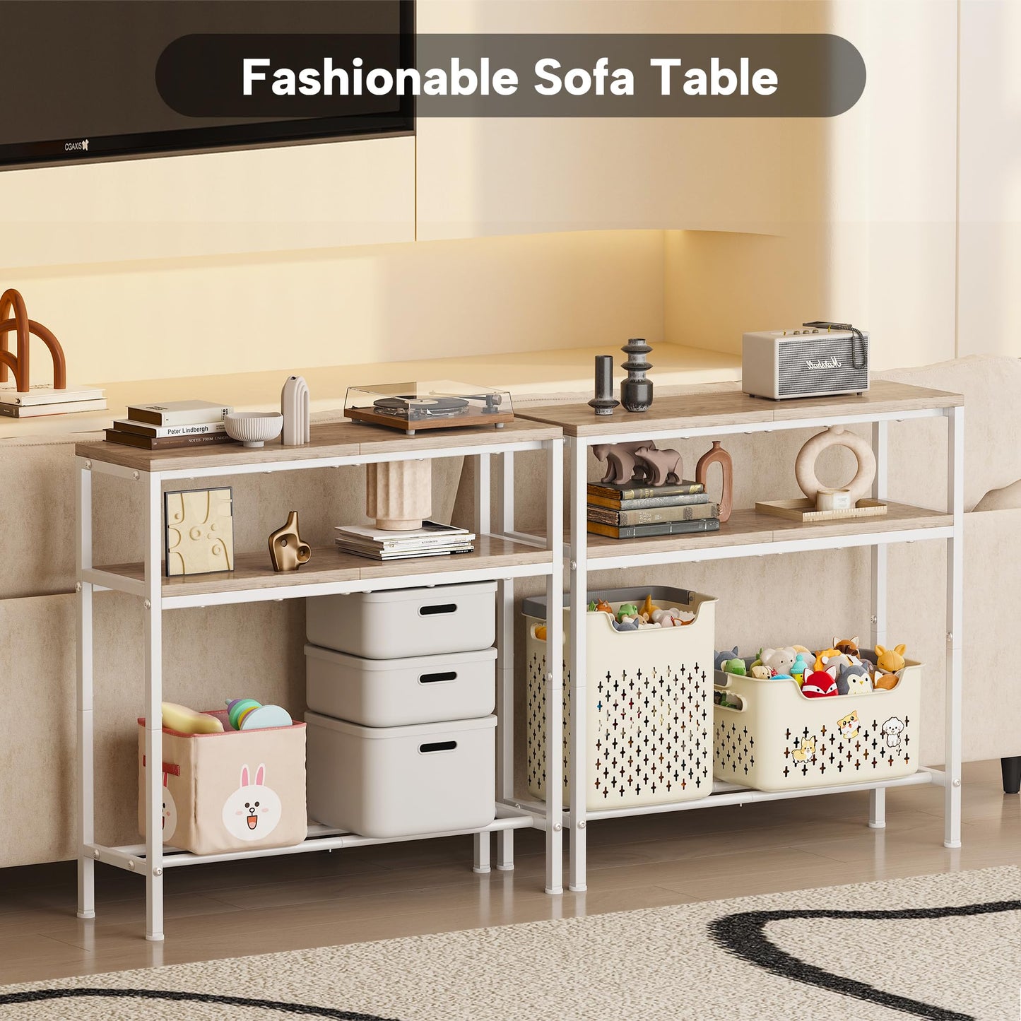 Homeiju Entryway Table with Storage, 3-Tier Console Table 31.5" Width, Industrial Sofa Table with Open Shelves, Foyer Tables for Entryway, Hallway, Kitchen, Living Room and Bedroom, Light Coffee