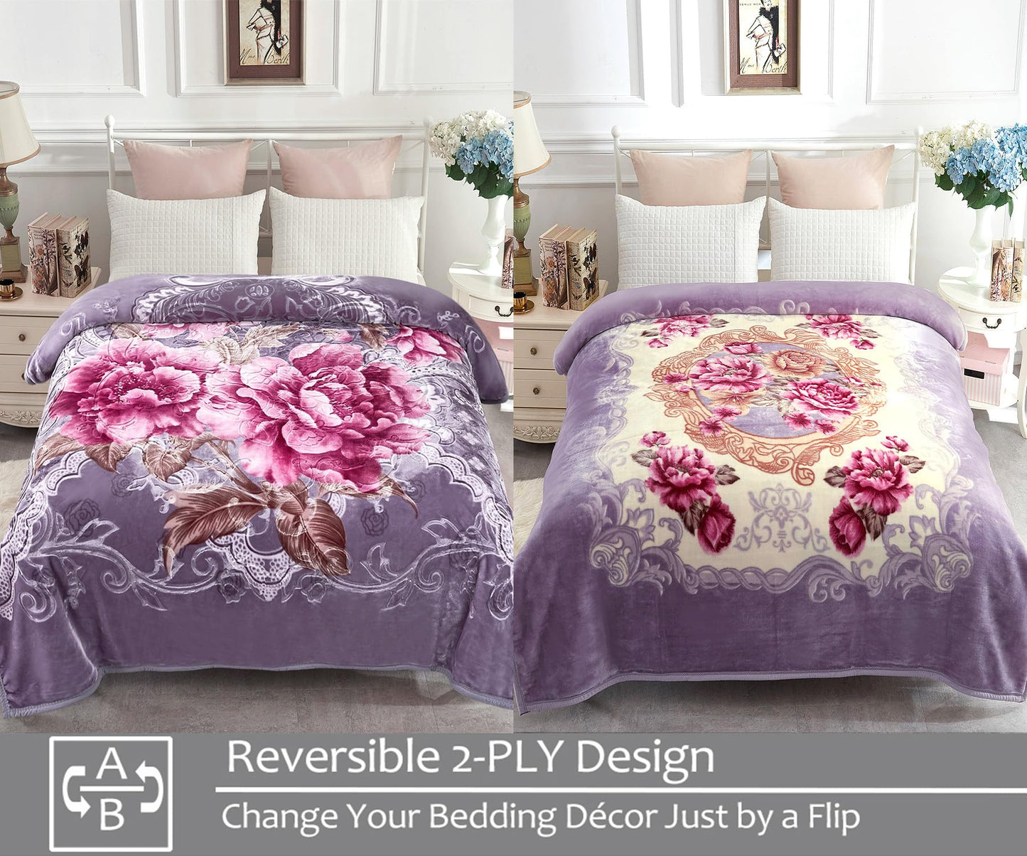 JYK Korean Faux Mink Fleece Blanket 83" X 91", 5.7 LB - 2 Ply Reversible Soft Warm Plush Flannel Blanket (Peony/Peony, King)