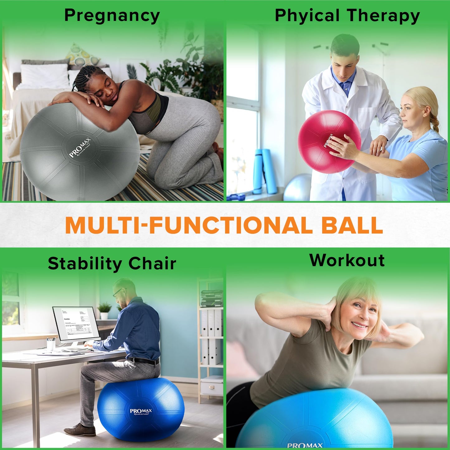 SmarterLife PRO MAX Exercise Ball for Stability Workout, Fitness, Pregnancy, Yoga, Pilates, Home Gym, Physical Therapy, Birthing, Balance Ball Chair (65 cm, Blue)