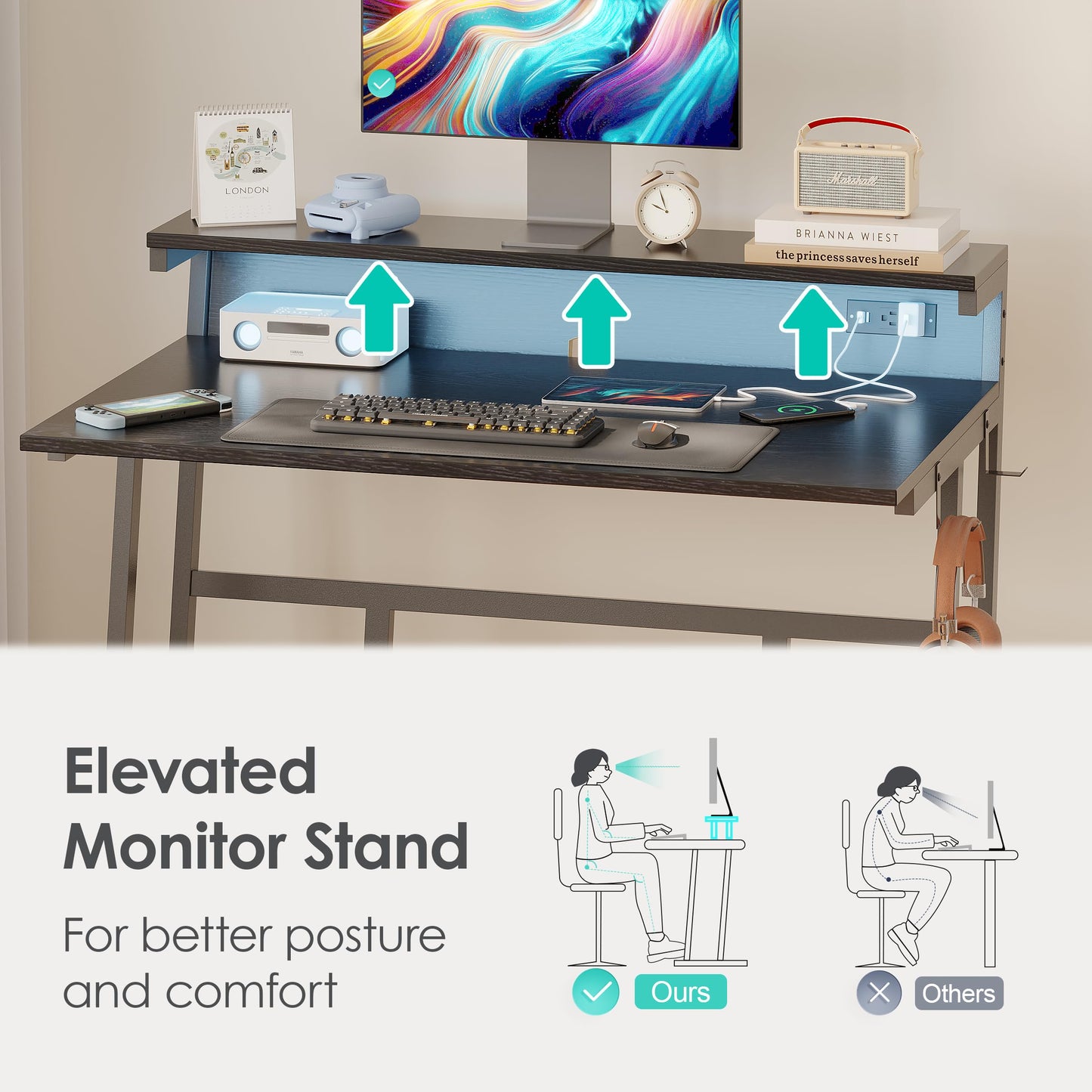 Zenira 40 Inch Computer Desk with LED Light Strip, Writing Desk for Home Office, Gaming Table for Bedroom, Desk with Shelves, Black