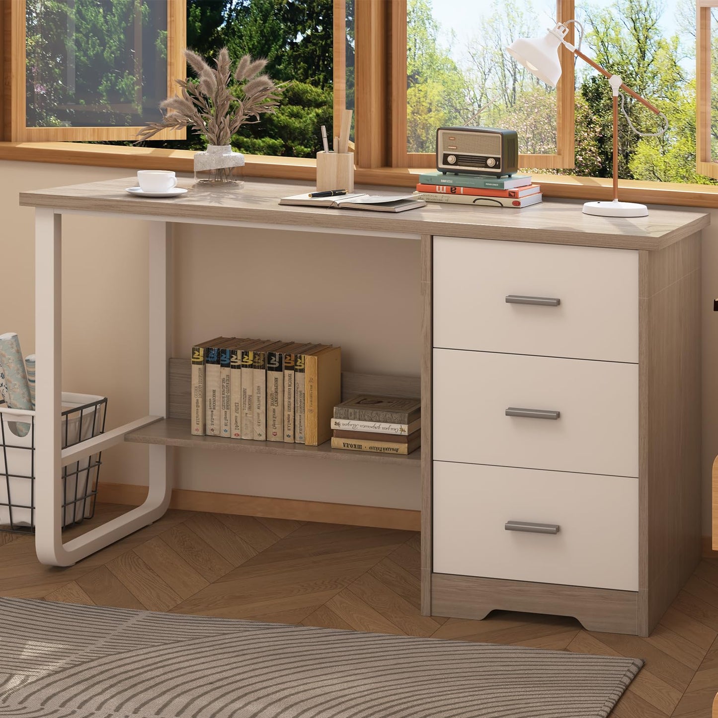 MaverickFurni Small Desk with 3 Drawers, 47 Inch Computer Desk with Drawers & Storage File Cabinet for Small Spaces, Home Office Desk for Bedroom, Bottom Shelves, White and Walnut