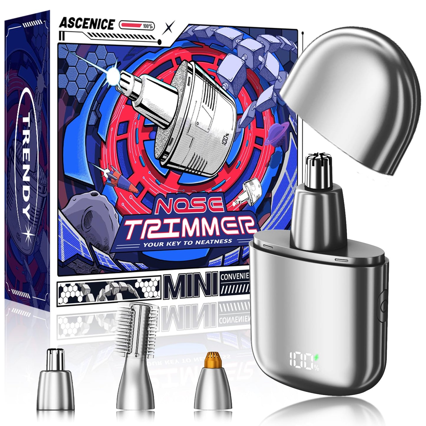 Ascenice Nose Hair Trimmer for Men Women, 2025 Professional Painless Alloy Rechargeable Eyebrow&Nose Hair Trimmer, IPX7 Waterproof, Portable Travel Size Nose Trimmer, Detachable Head, Easy to Clean