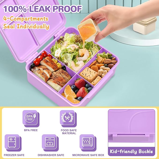 MAXSO Bento Lunch Box Set with 8 oz Soup Thermo, Kids Leakproof 4 Compartments Hot Food Container with Sauce Cup, Ice Pack and Lunch Bag, Child Insulated Food Jar for School - Purple