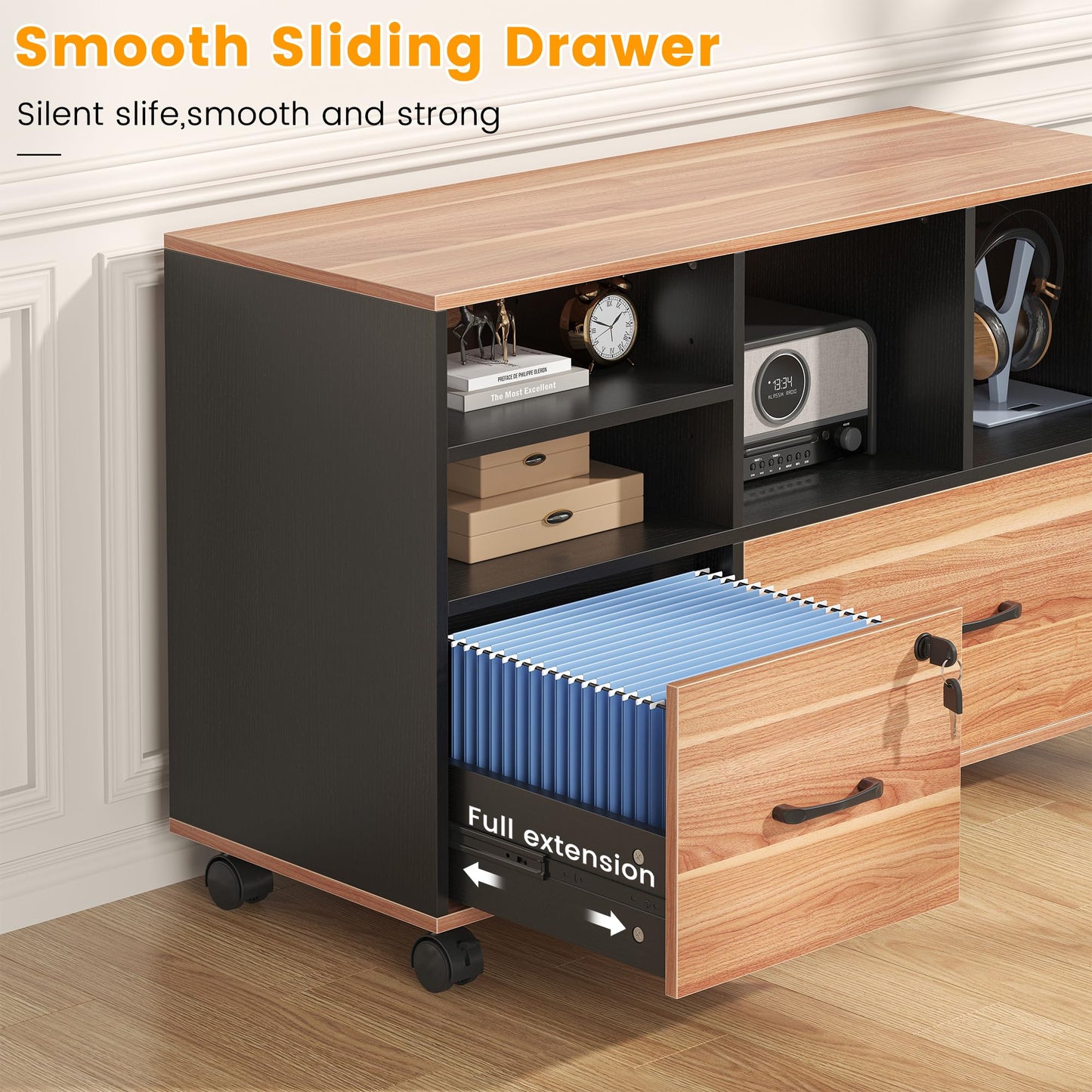 Nosepen 2 Drawer Wood Mobile Large Lateral File Cabinet with Lock, Lockable Rolling Filing Cabinet with Storage Shelves, Printer Stand Office Storage Cabinet for Home Office Fits Files Legal/A4