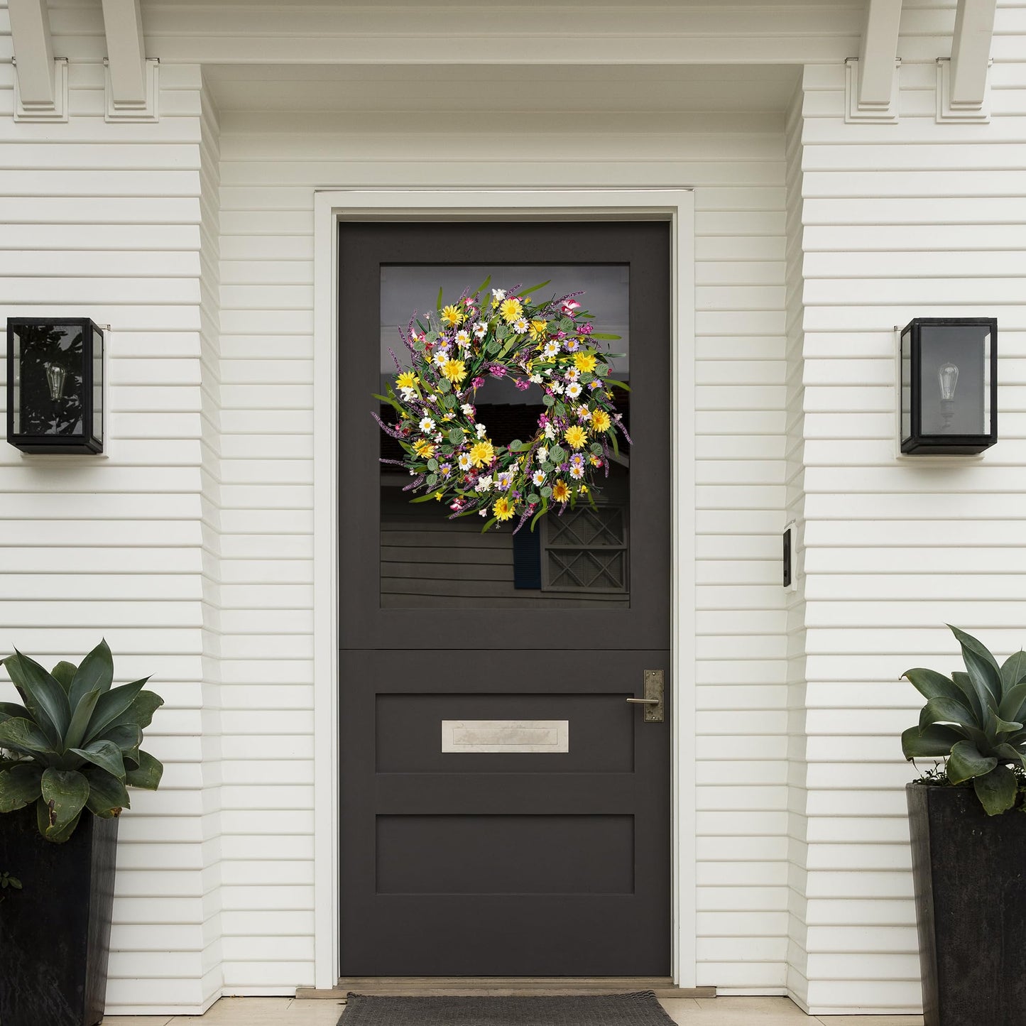 Sggvecsy Daisy and Lavender Wreath 22’’ Wildflower Spring Summer Artificial Silk Wreath for Front Door Home Wall Wedding Festival Farmhouse Holiday Decor