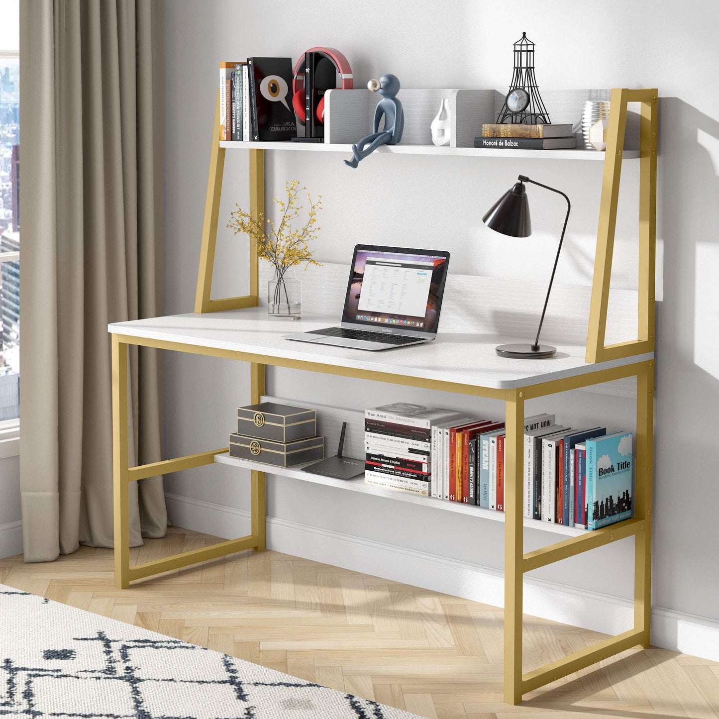 Tribesigns Computer Desk, 47 inch Office Desk with Hutch and Bookshelf, Modern Study Writing Table for Home Office (White)