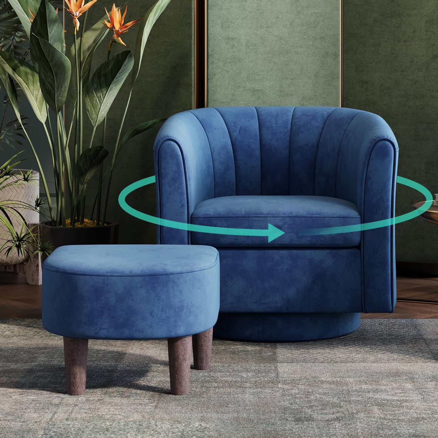 LINSY Swivel Accent Chair Ottoman Set: Velvet Small Barrel Chair with Foot Rest, Modern Reading Chair Upholstered Armchair with Footrest for Living Room Bedroom Study Room Office (Blue)