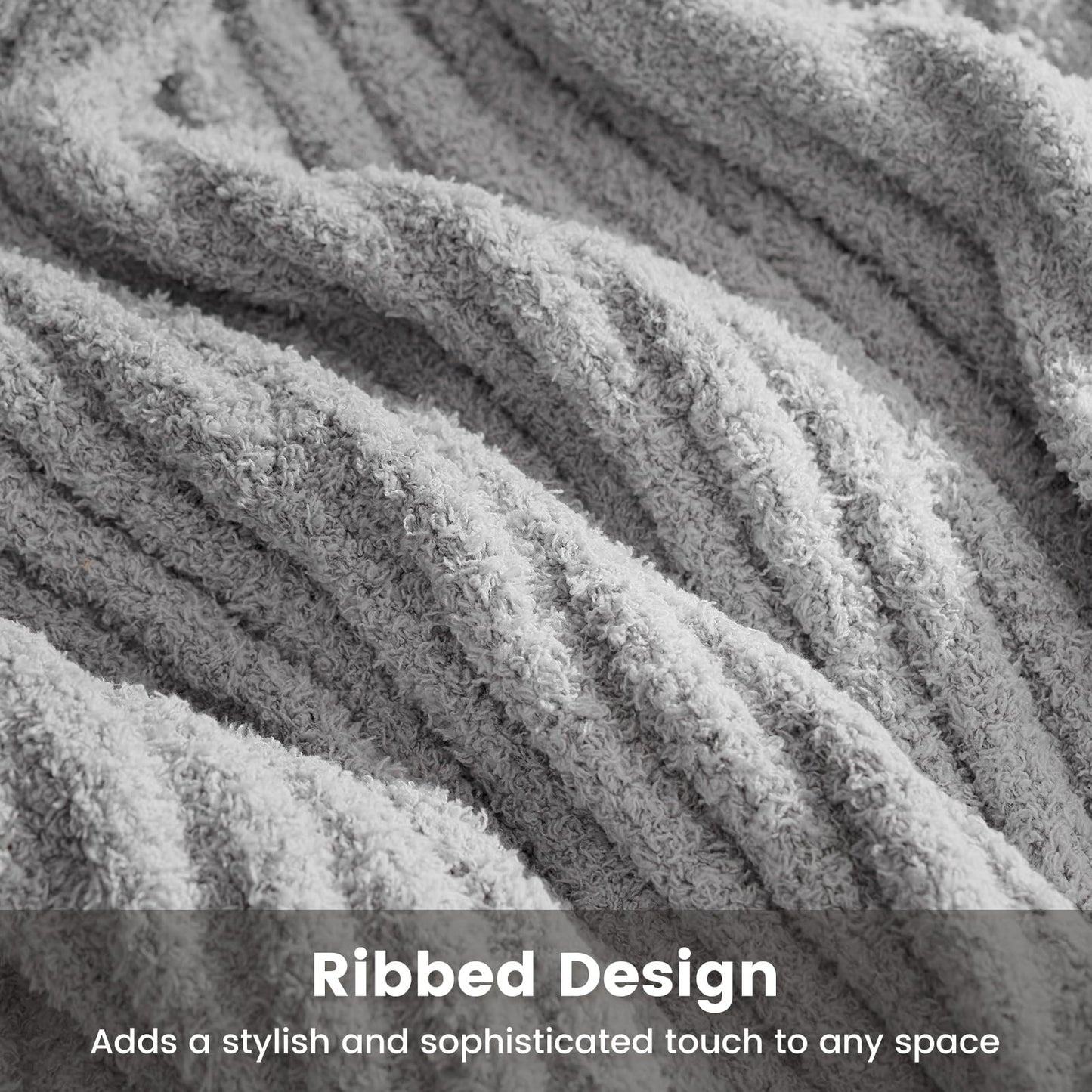 Snuggle Sac Soft Ribbed Throw Blanket for Couch, Microfiber Fluffy Knit Throws, Luxurious Fuzzy Blankets for Couch, Sofa, Travel, Grey, 50x60 inches