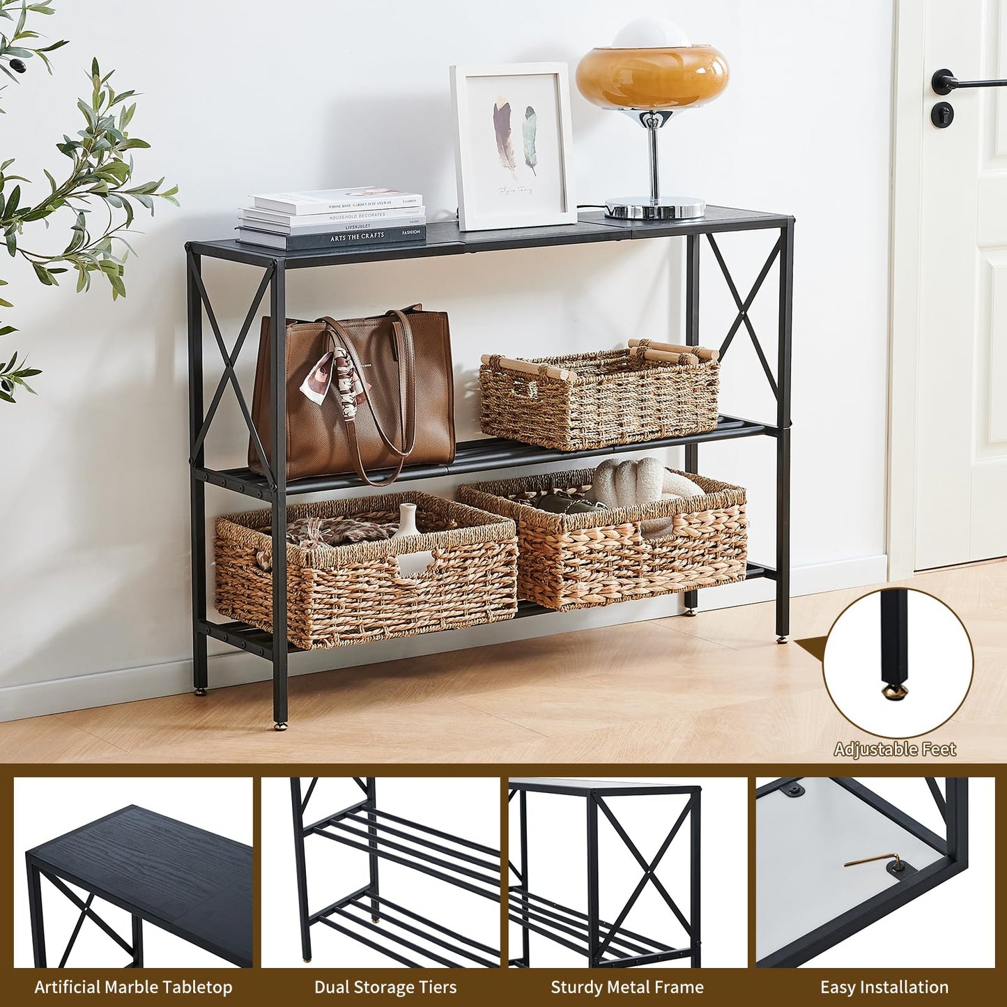 Wimarsbon Console Table,Multifunctional Sofa Side Table with Shelves,Behind Couch TV Tables with Metal Frame,Accent Display Stand for Hallway,Entrance (41.9" 3-Layer Black Frame)