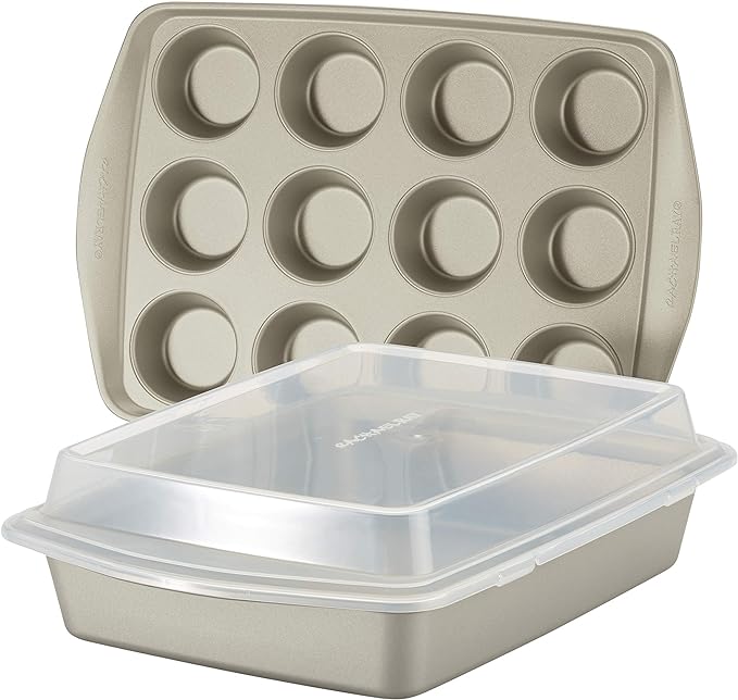 Rachael Ray Nonstick Bakeware Set without Grips includes Nonstick Baking Pan with Lid and Muffin Pan / Cupcake Pan - 3 Piece, Silver