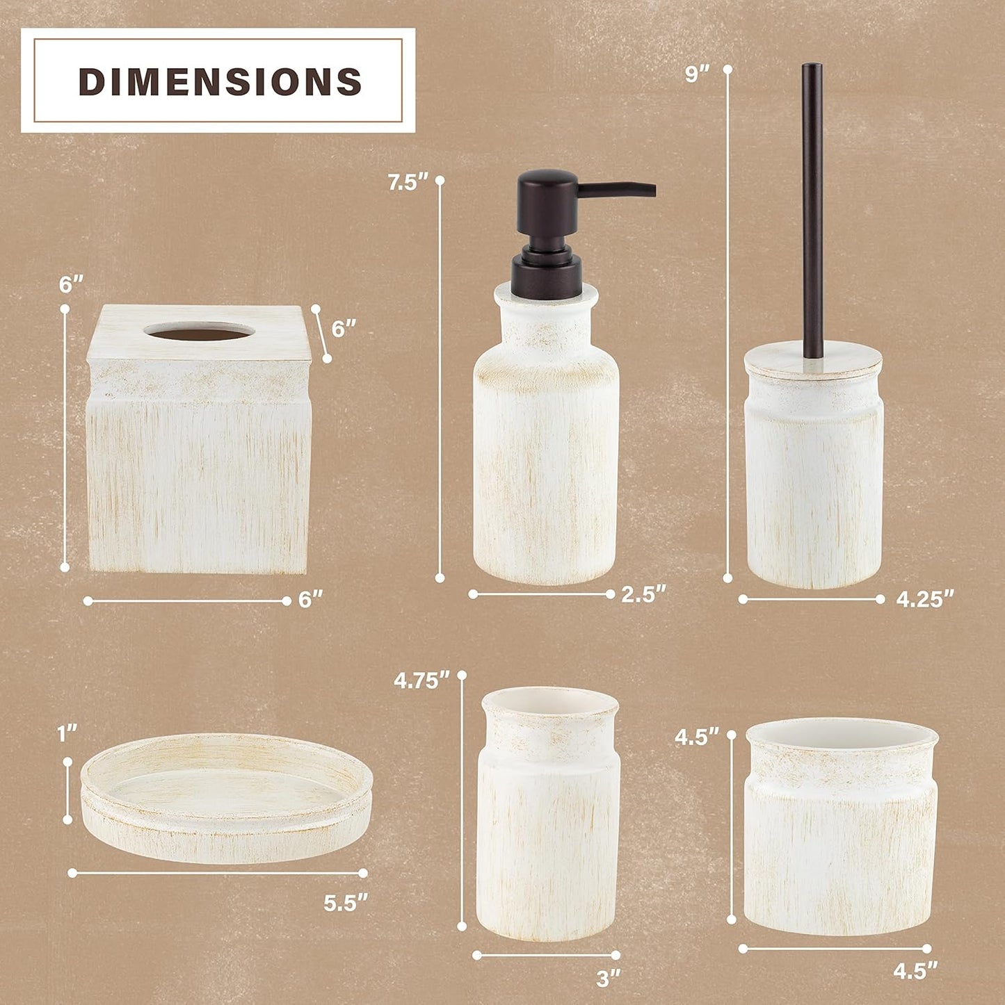 Creative Scents Rustic Luxe Bathroom Accessory Set - 6 Piece Modern Bathroom Sets Accessories Features: Toilet Brush and Holder, Tissue Cover, Soap Dispenser, Toothbrush Holder, Soap Dish & Tumbler