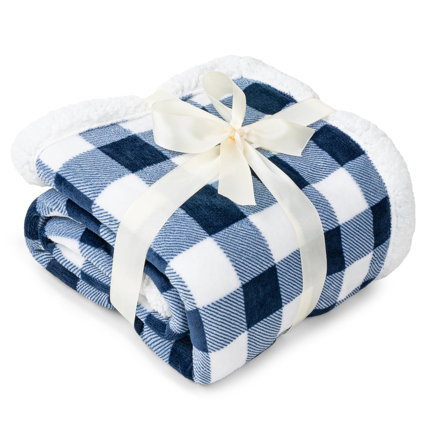 PAVILIA White and Navy Blue Buffalo Plaid Sherpa Throw Blanket for Couch Twin, Soft Fuzzy Flannel Blanket for Bed, Plush Checkered Fleece Blanket and Throws, Warm Thick Winter Blanket Gift, 60x80