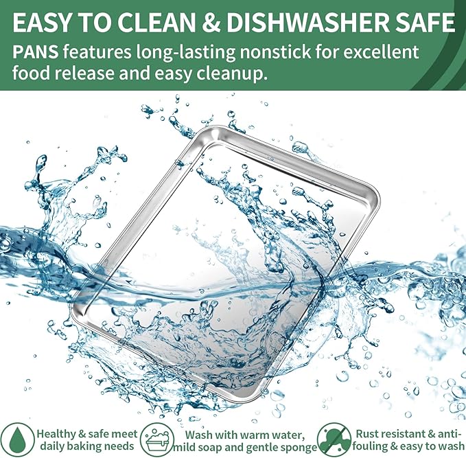 Baking Sheets Set of 2, HKJ Chef Cookie Sheets 2 Pieces & Stainless Steel Baking Pans & Toaster Oven Tray Pans, Rectangle Size 12.5Lx10Wx1H inch & Non Toxic & Healthy & Easy Clean