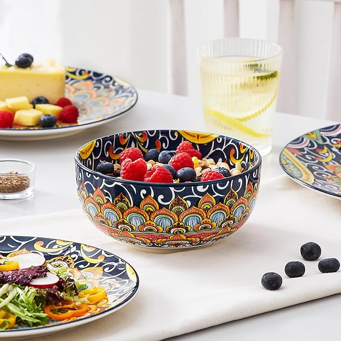 vancasso 12 Pieces Dinnerware Sets, Dark Green Plates and Bowls Set, Porcelain Dishes Set for 4, Microwave and Dishwasher Safe, Scratch Resistant, Bohemian Style Dining Ware Service for 4, Series SIMI