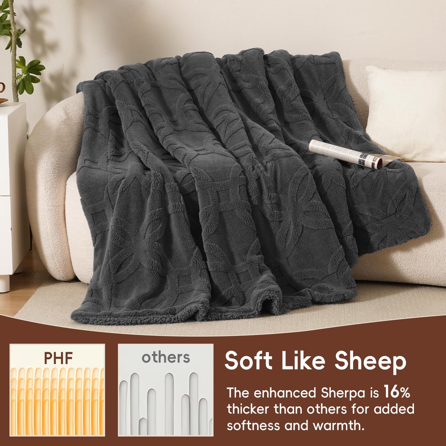 PHF Soft Sherpa Fleece Blanket King Size for Bed, 510GSM Fleece Lightweight Yet Warm Blanket, No Shed No Pilling, 108" x 90", Tufted Jacquard Cozy Thick Bed Throw for Home Decor, Dark Grey