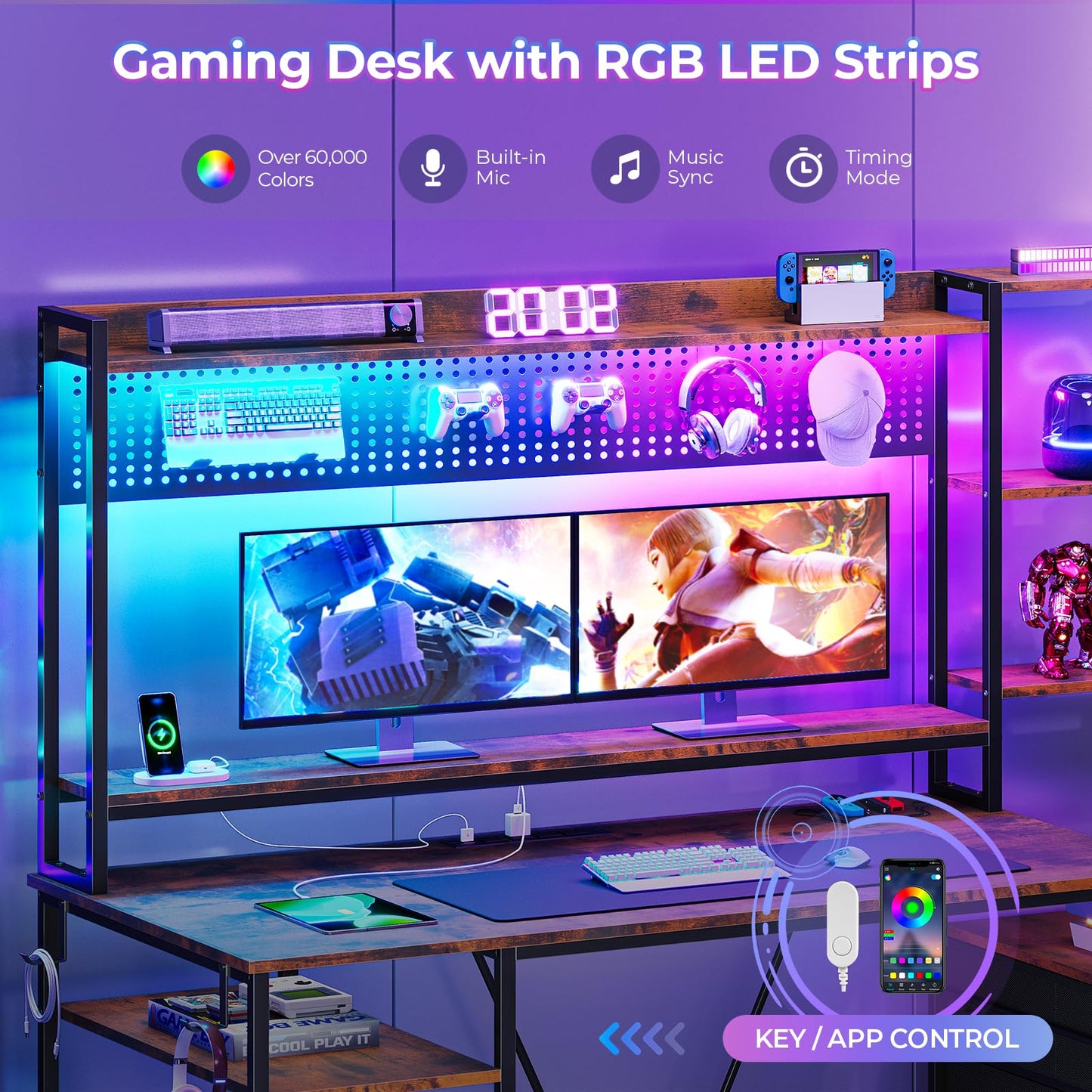 UPOSOJA Gaming Desk with Hutch, 65in Reversible Computer Desk with Power Outlets LED Light, Home Office Desk with Monitor Stand 2 Drawers 4 Storage Shelves Pegboard 8 Hooks Mouse Pad (Brown)