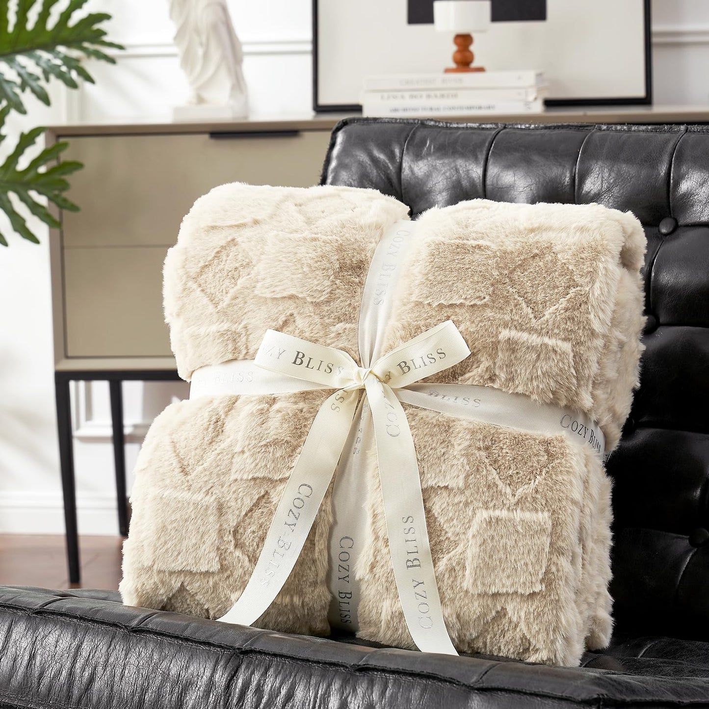 Cozy Bliss Faux Fur Throw Blanket for Couch - Clearance Soft Checkered Fuzzy Cozy Throw Gift Blankets for Women,Beige Boho Blanket for Sofa Bedroom Living Room.50 * 60 Inches