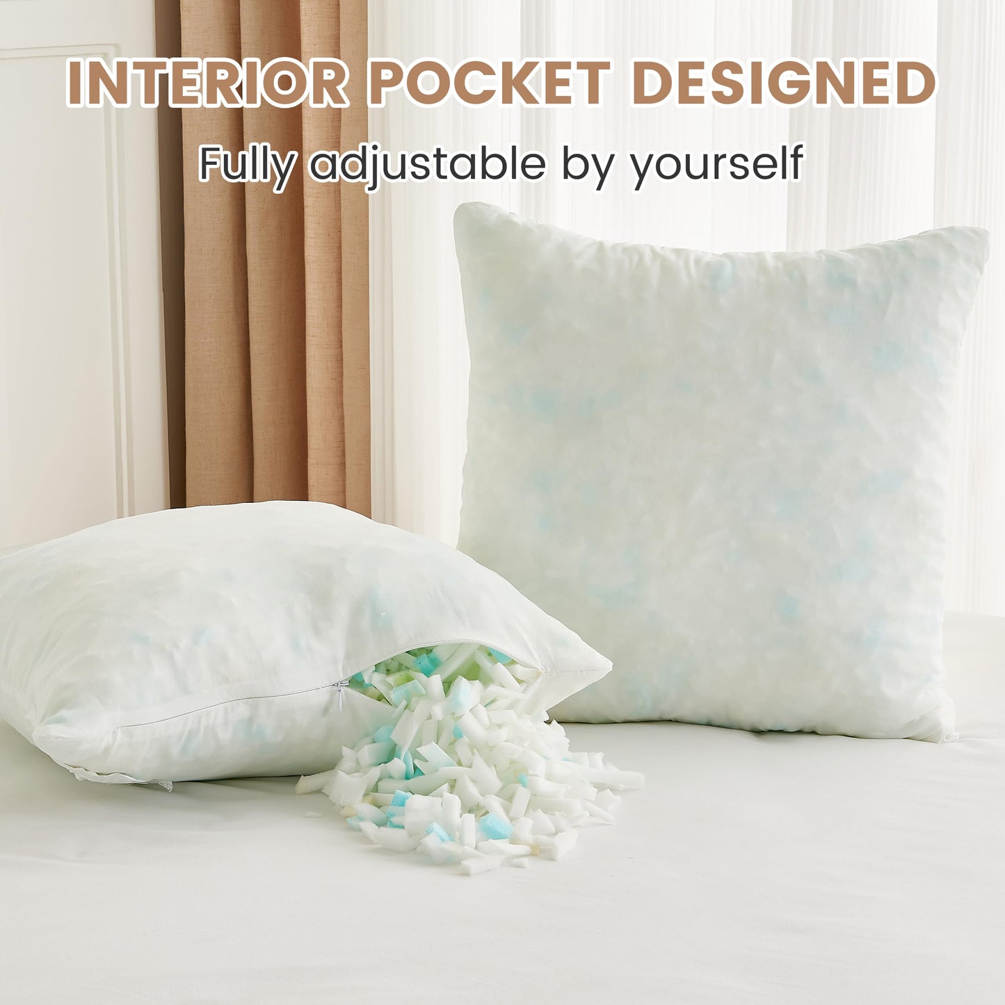 Simple&Opulence 24x24 Pillow Inserts Set of 2 – Shredded Memory Foam Cooling Throw Pillow Inserts for Decorative Cushions, Couch, Bed, or Sofa – White