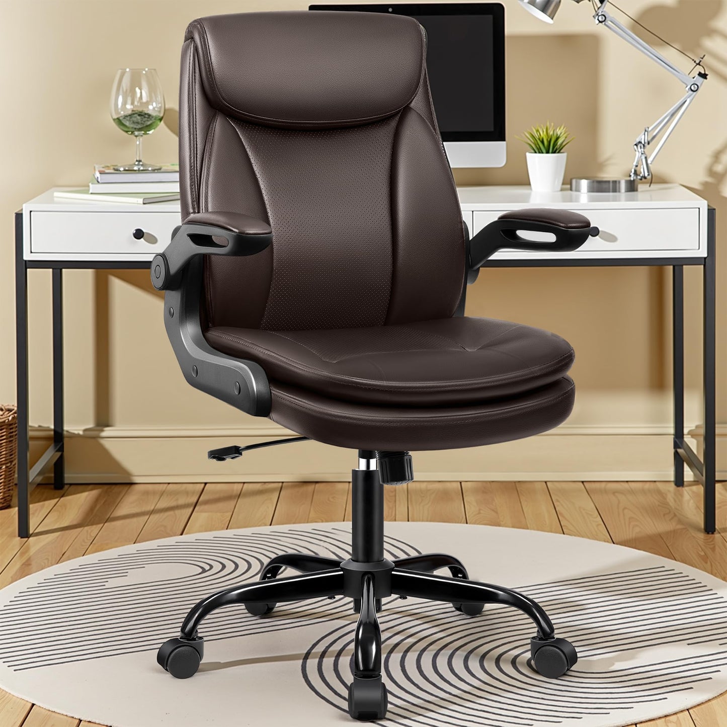 Office Chair Ergonomic Desk Chair - Premium Leather Executive Office Chairs with Lumbar Support Flip Up Armrests, Home Office Desk Chairs Computer Chair with Rocking Function Adjustable Height