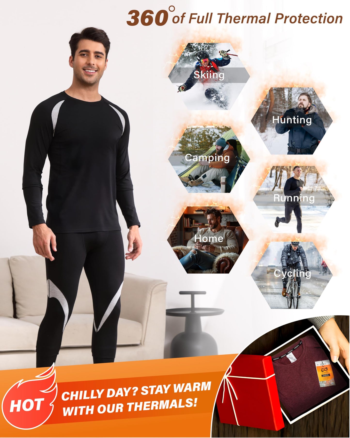 Muezna Men's Thermal Top and Bottom Set Underwear Long Johns Base Layer with Soft Fleece Lined Black