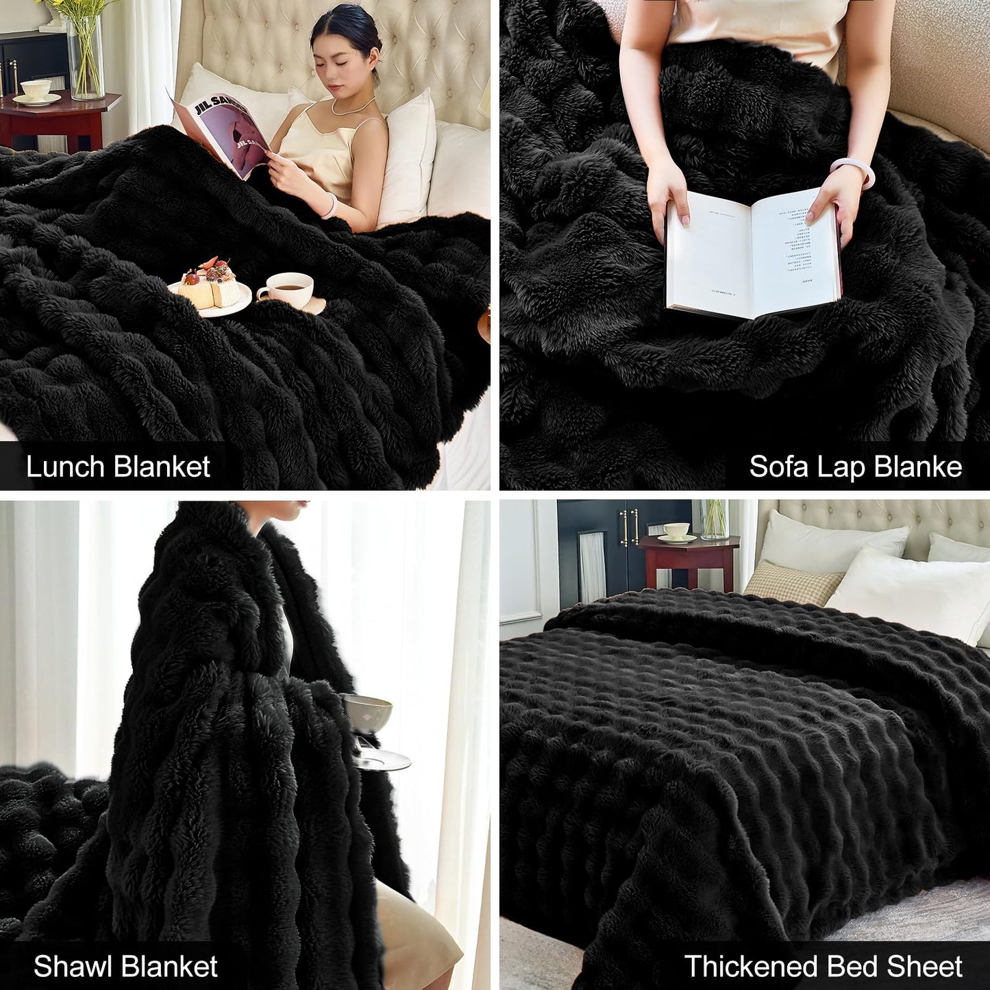 Moenchy Faux Fur Black Throw Blanket for Couch - Super Soft Heavy Flufyy Thick Bubble Throw Blankets for Bed Bedroom Living Room Farmhouse Sofa Chair Fall Winter Warm, 50x60 Inch