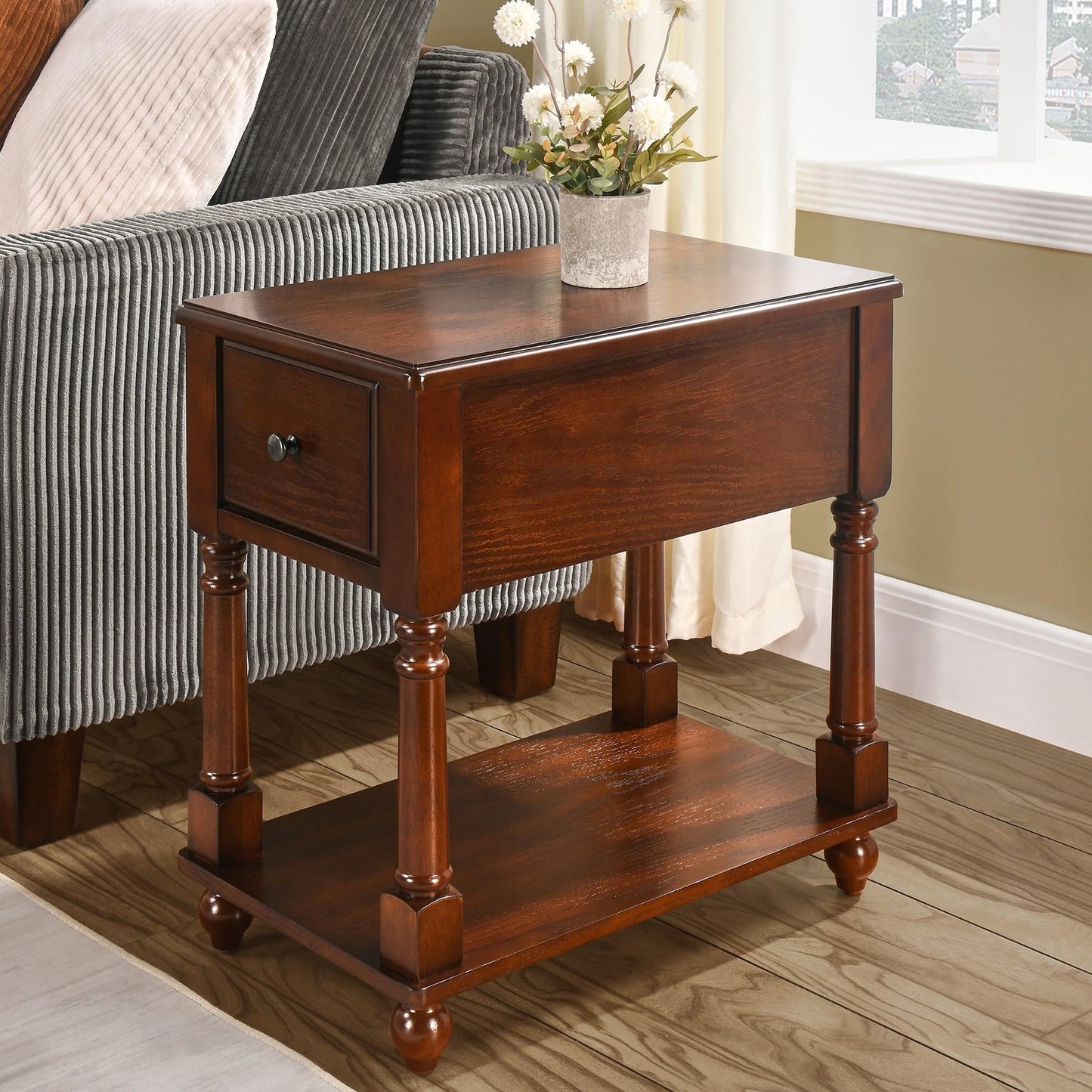Narrow End SideTable with Drawer and Storage Shelf, Solid Wood Sofa Tables, Slim Beside Table-, Telephone for Small Spaces, Living Room, 22"L x 13"W x 22.7"H No-tools Assembly Dark Walnut BBJ004DWA