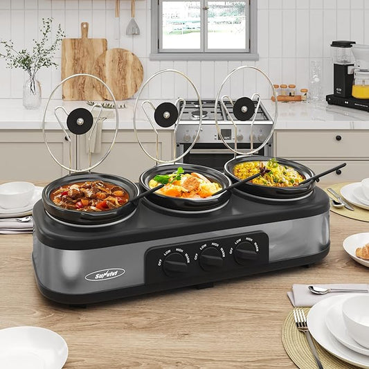 Sunvivi Slow Cooker with 10 Cooking Liners, Triple Slow Cooker Buffet Server 3 Pot Food Warmer for Parties with 3 Spoons ? Lid Rests,Adjustable Temp, 3 * 1.5 Quarts