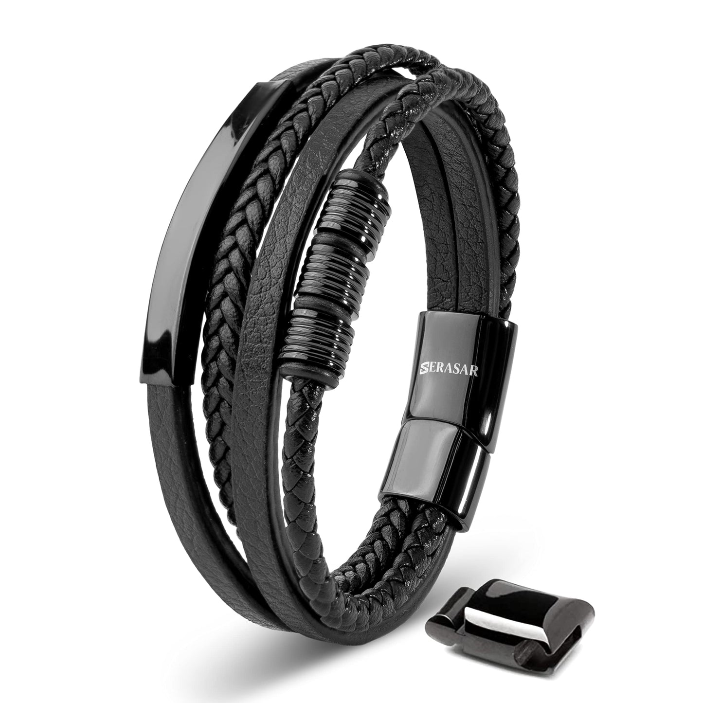 SERASAR Men's Leather Bracelet Magnetic Clasp Stainless Steel | Shining Genuine Cowhide Leather | Braided Style Bracelets | Jewellery Gift Box Included | Fashion Accessories For Men, 17cm, Stainless
