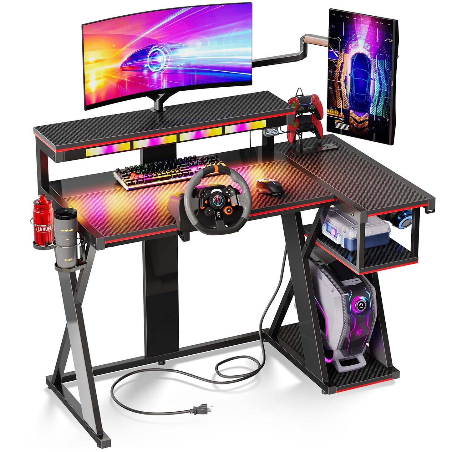 Bestier Computer Desk with Music Sync Light, Flow Vibe Corner Desk with Monitor Stand and PS5 Storage Shelves, Cup Holders, and Headset Hooks for Bedroom Small Space (Black Red, 42 Inch)